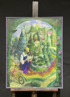 HUGE FRENCH MODERNIST SIGNED OIL - SURREALIST GARDEN WITH FIGURES