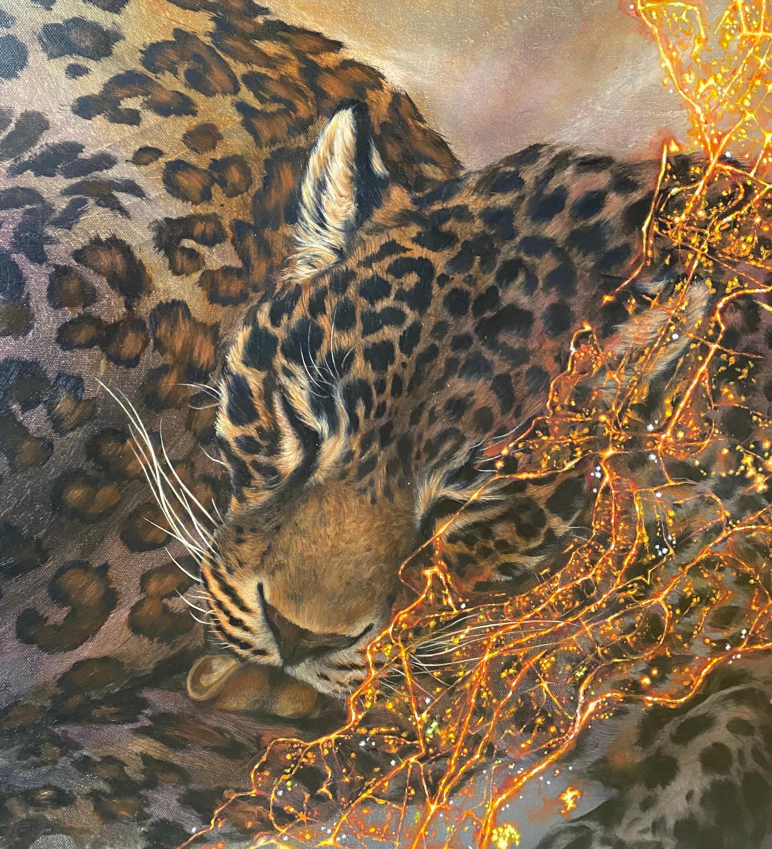 Leoparden von Mumbai, Leopard, Tier, Bäume, Grau, Gold Natur inspirierte Malerei im Angebot 6