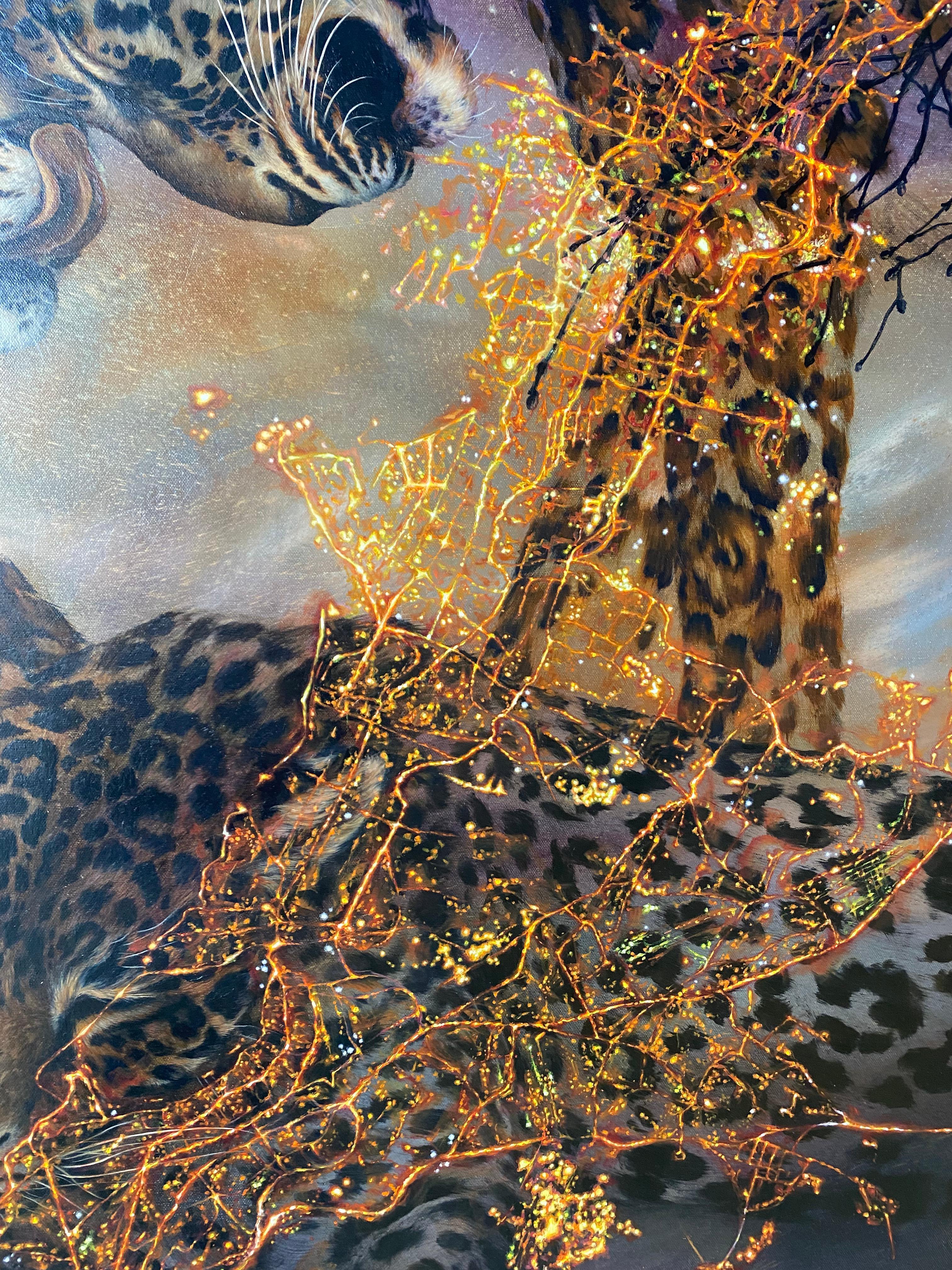 Leoparden von Mumbai, Leopard, Tier, Bäume, Grau, Gold Natur inspirierte Malerei im Angebot 7