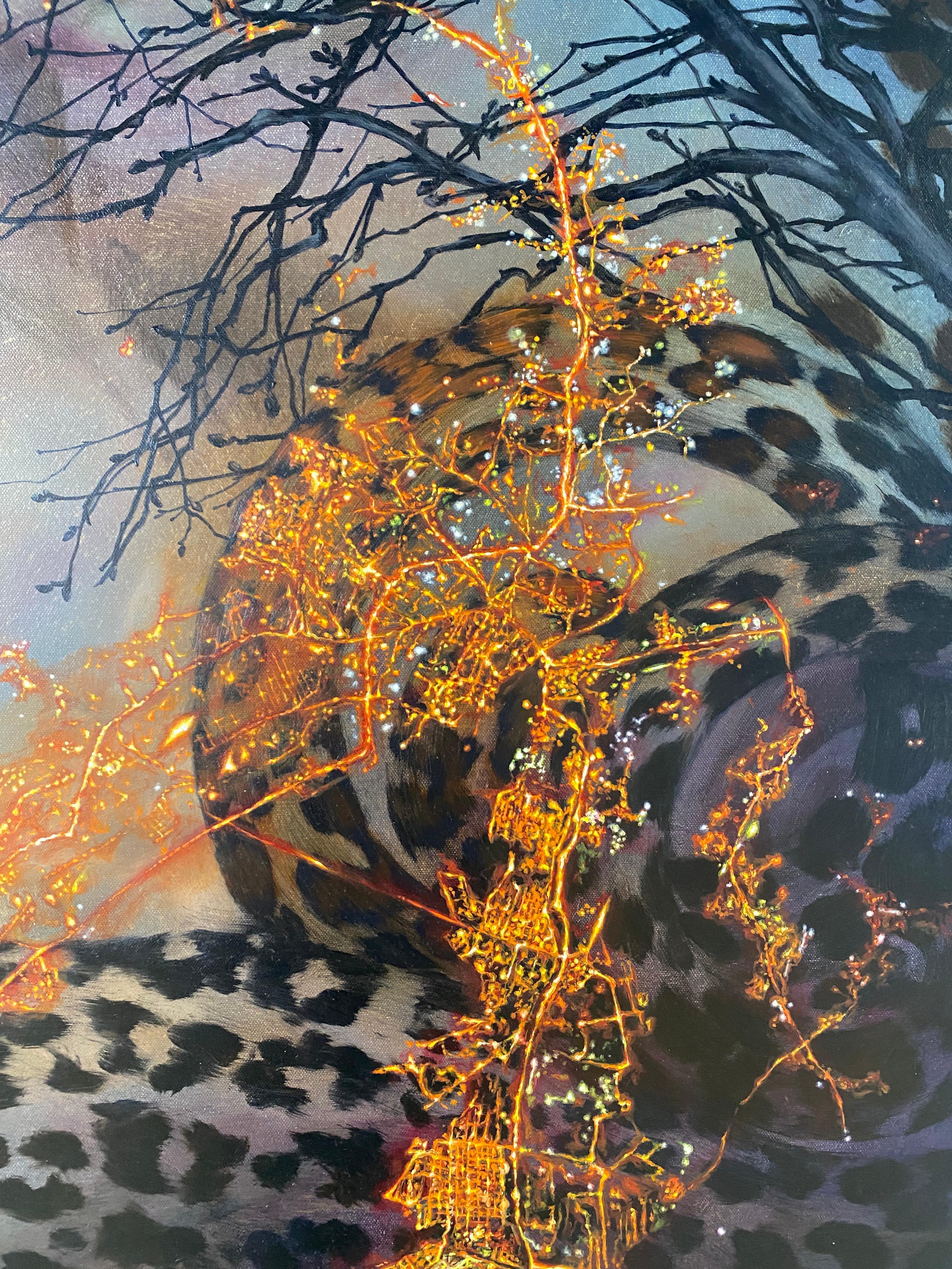 Leoparden von Mumbai, Leopard, Tier, Bäume, Grau, Gold Natur inspirierte Malerei im Angebot 8