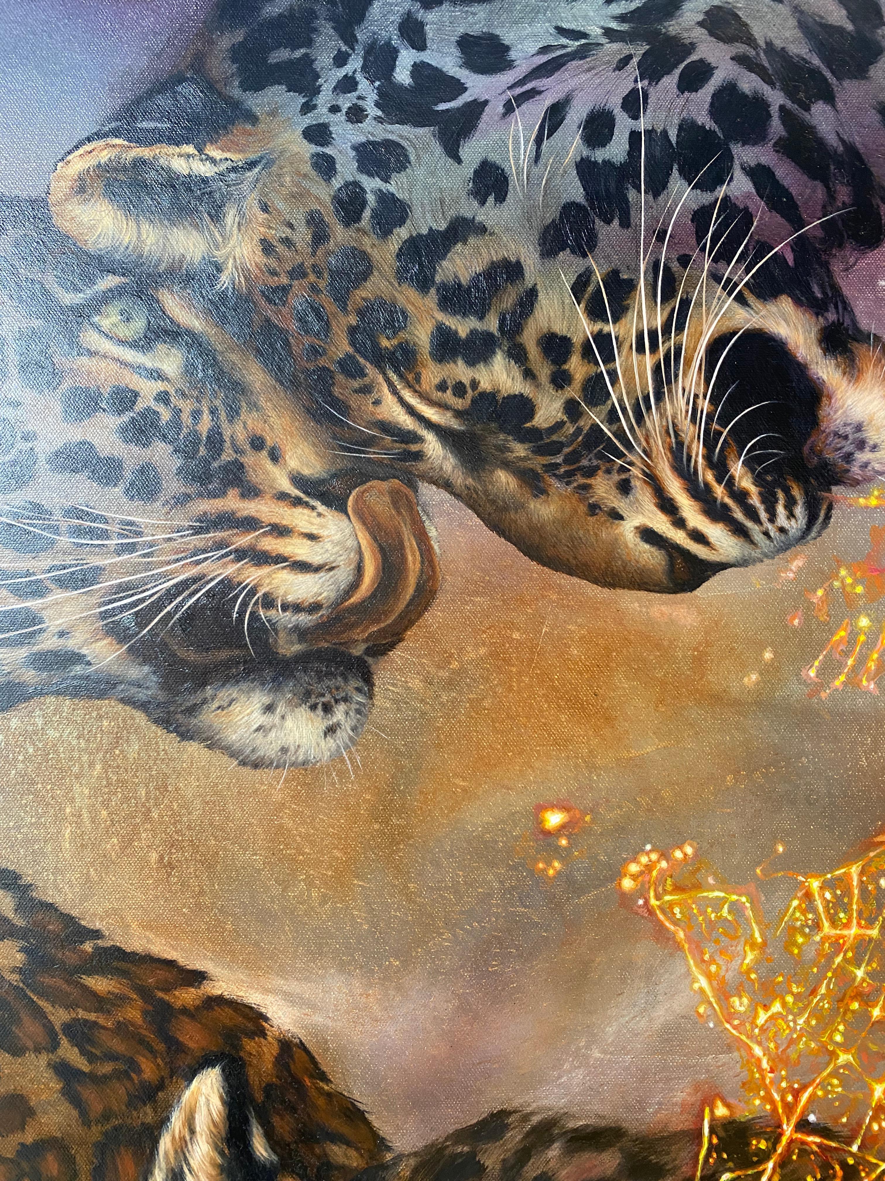 Leoparden von Mumbai, Leopard, Tier, Bäume, Grau, Gold Natur inspirierte Malerei im Angebot 11