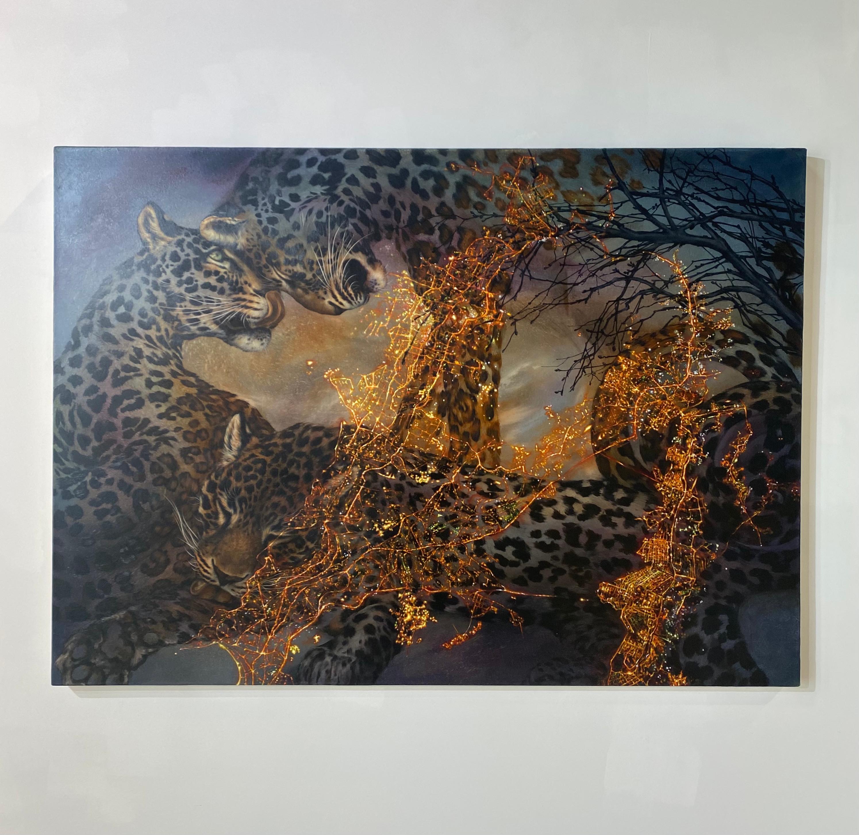 Three spotted leopards in dynamic, powerful poses are dramatic and meticulously painted, layered beneath an intricately detailed map of Mumbai, India in bright shimmering gold. In this oil painting with mica powder, Francine Fox's excellent use of