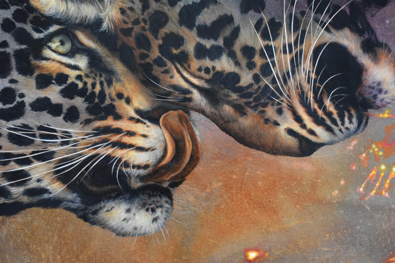 Leoparden von Mumbai, Leopard, Tier, Bäume, Grau, Gold Natur inspirierte Malerei im Angebot 5