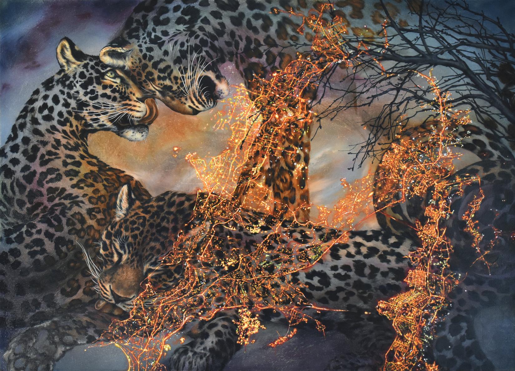 Three spotted leopards in dynamic, powerful poses are dramatic and meticulously painted, layered beneath an intricately detailed map of Mumbai, India in bright shimmering gold. In this contemporary oil painting with mica powder, Francine Fox
s