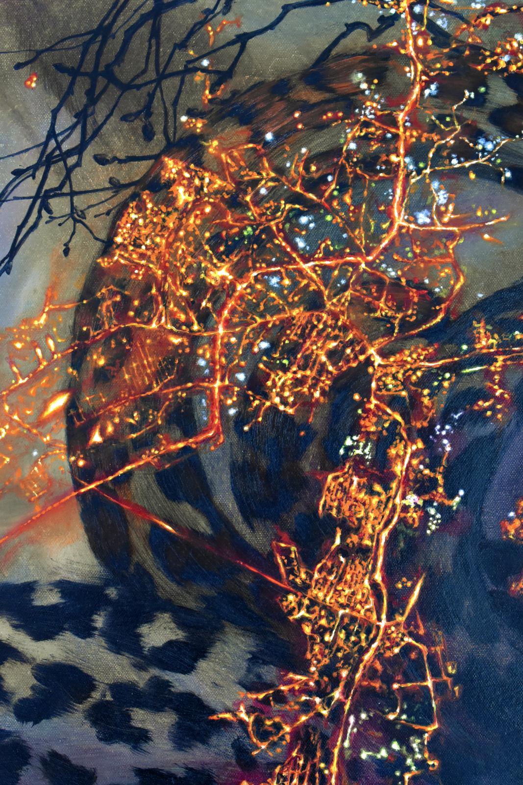 Leoparden von Mumbai - Leopardenbäume Graugold Natur Tiermalerei, 2022 (Schwarz), Animal Painting, von Francine Fox