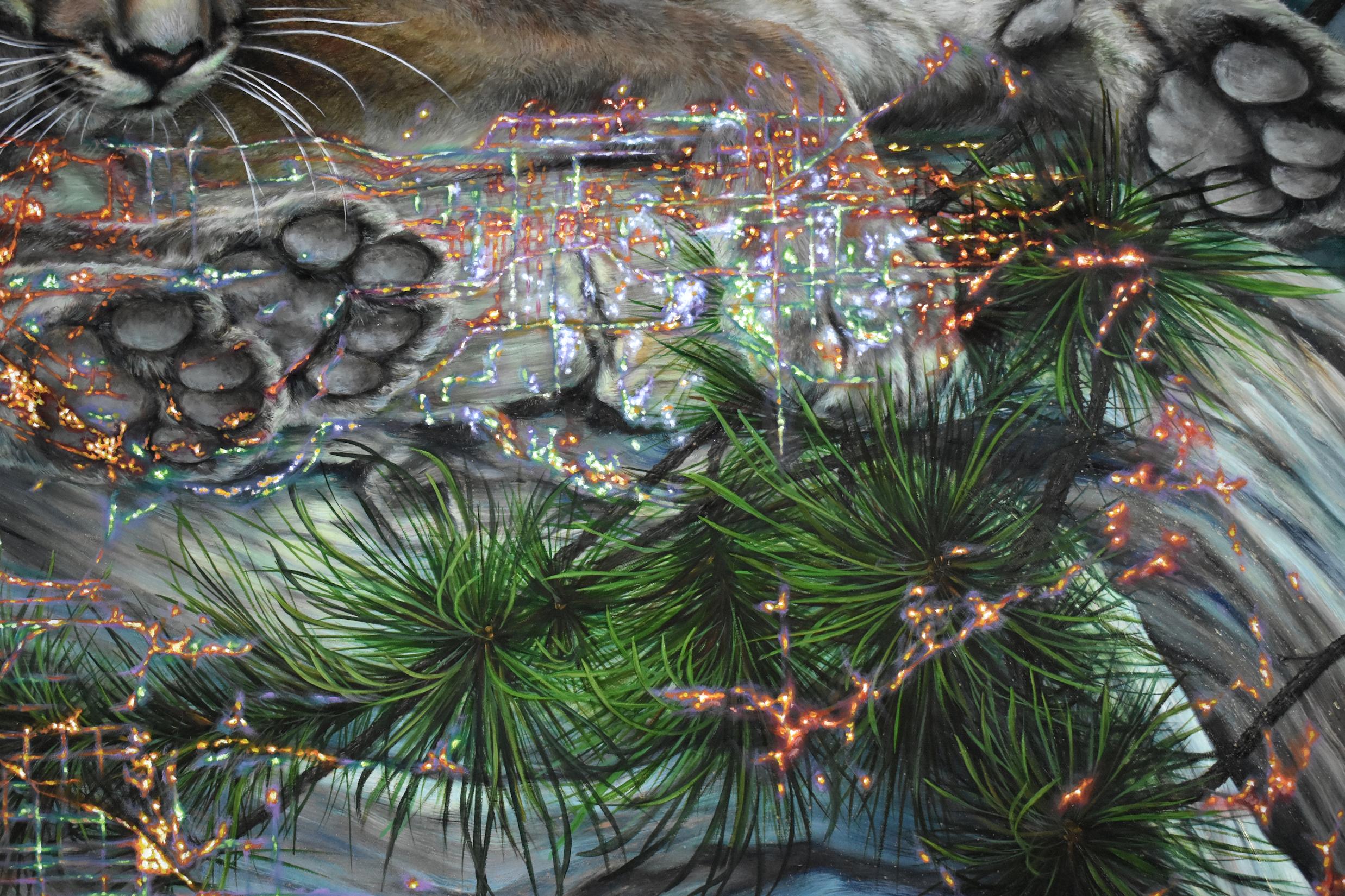Mountain Lions of LA - Pintura inspirada en la naturaleza Árboles animales Gris Oro, 2022 en venta 10