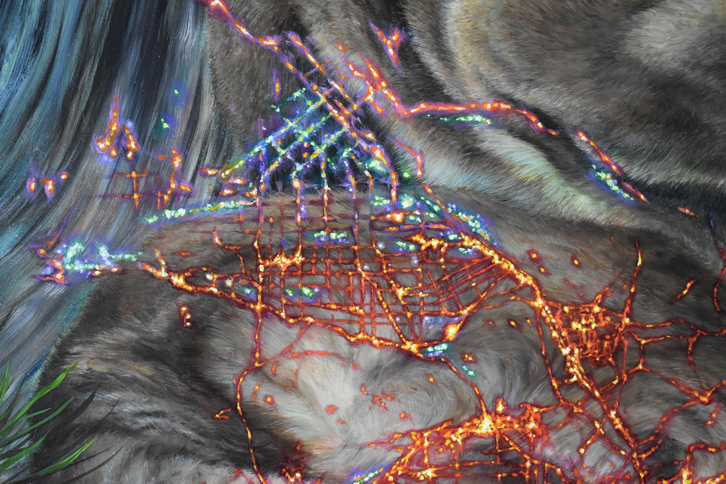 Mountain Lions of LA - Pintura inspirada en la naturaleza Árboles animales Gris Oro, 2022 en venta 13