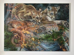 Mountain Lions of LA - Peinture inspirée de la Nature Animaux Arbres Gris Or, 2022