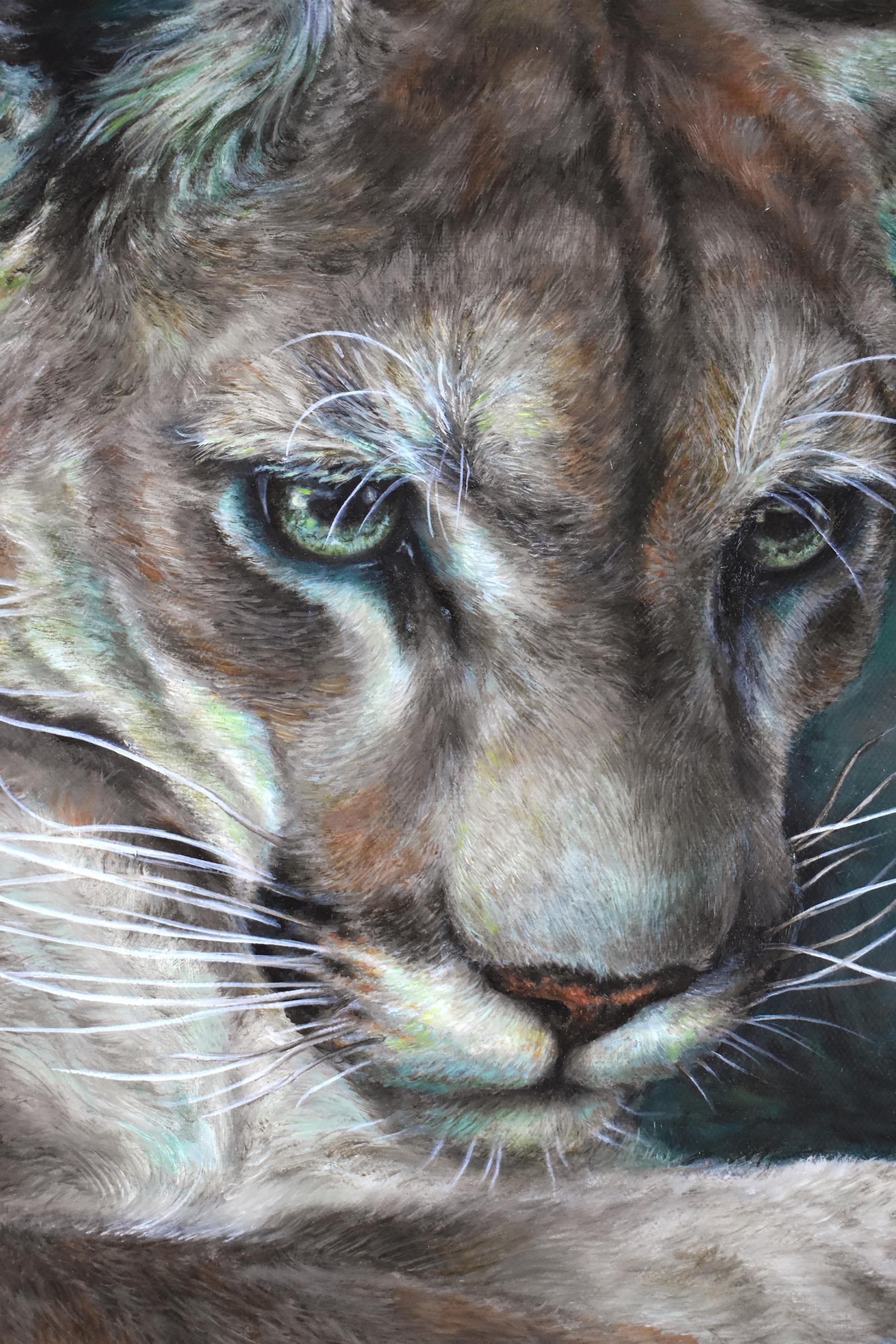 Mountain Lions of LA, Nature Inspired Painting, Animal, Trees, Gray, Green, Gold For Sale 8