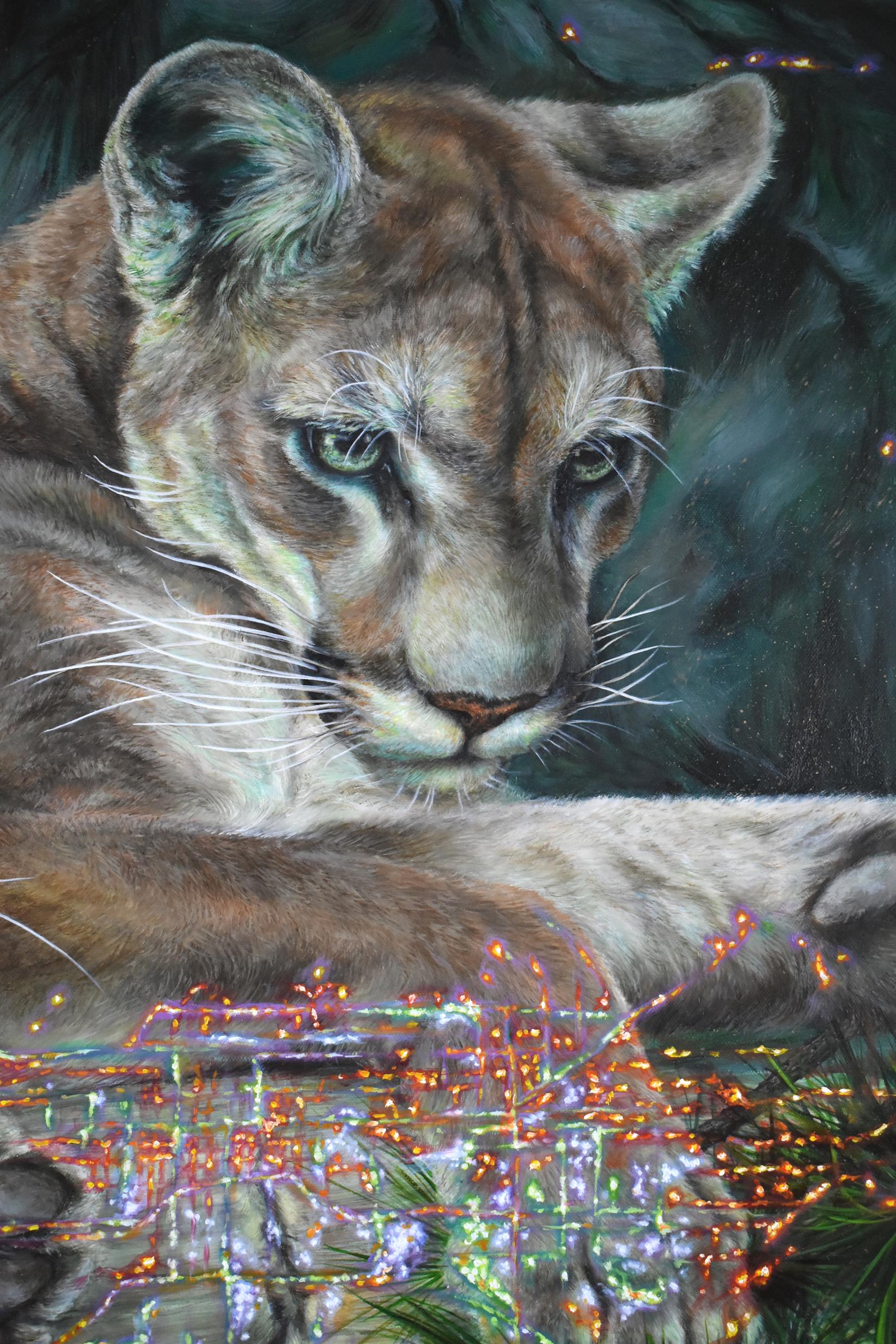 Mountain Lions of LA, Nature Inspired Painting, Animal, Trees, Gray, Green, Gold For Sale 9