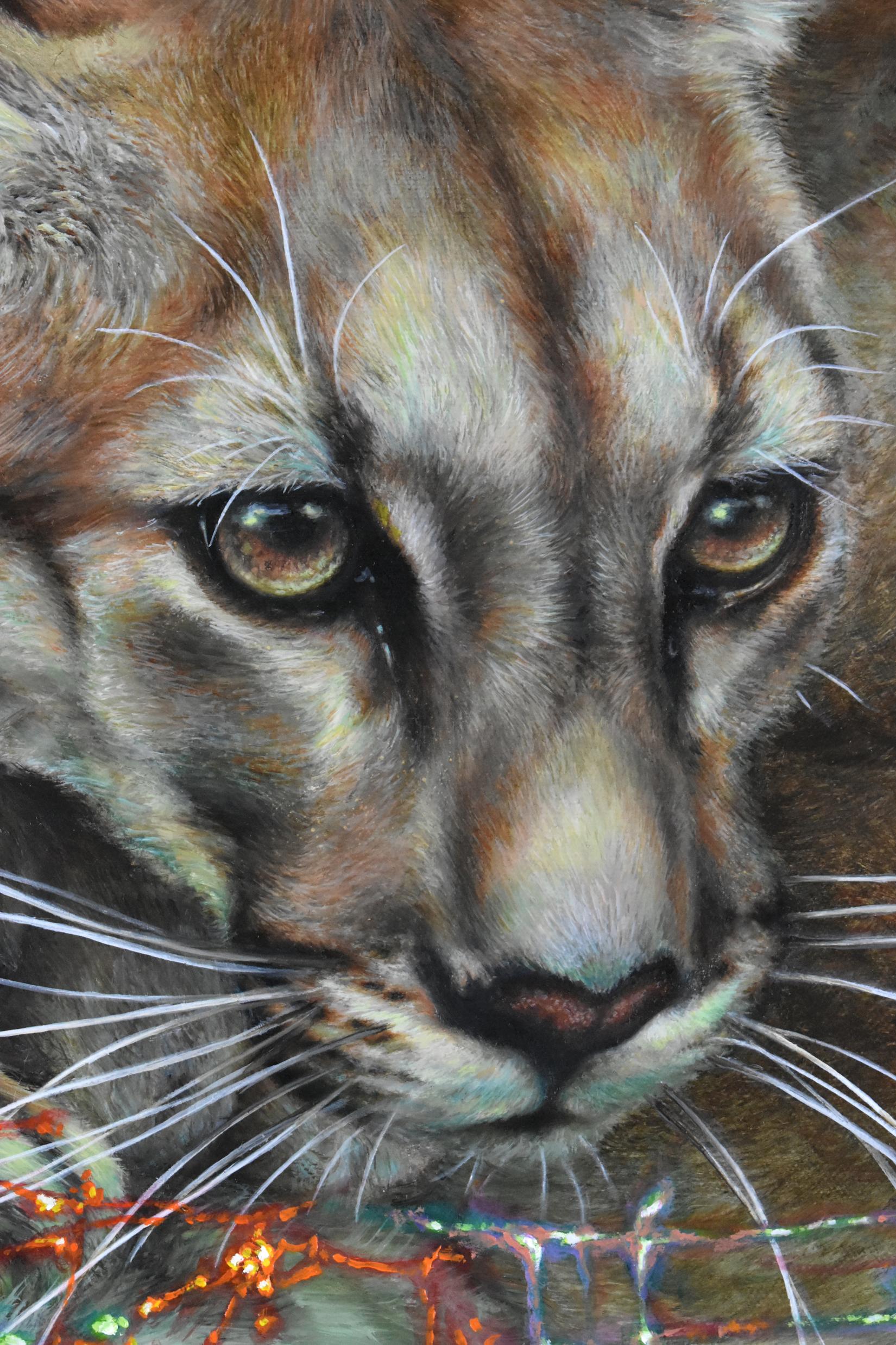 Mountain Lions of LA, Nature Inspired Painting, Animal, Trees, Gray, Green, Gold For Sale 16