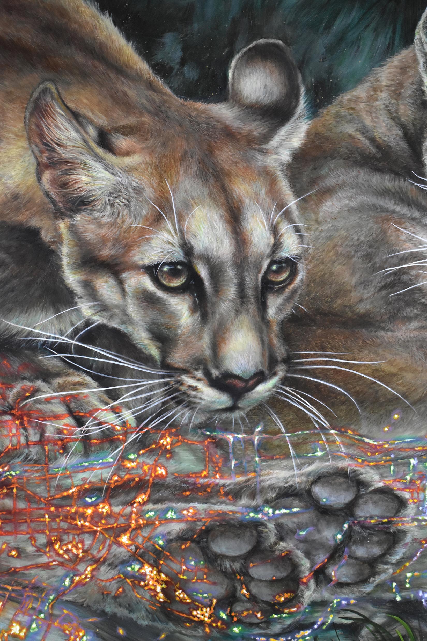Mountain Lions of LA, Nature Inspired Painting, Animal, Trees, Gray, Green, Gold For Sale 18