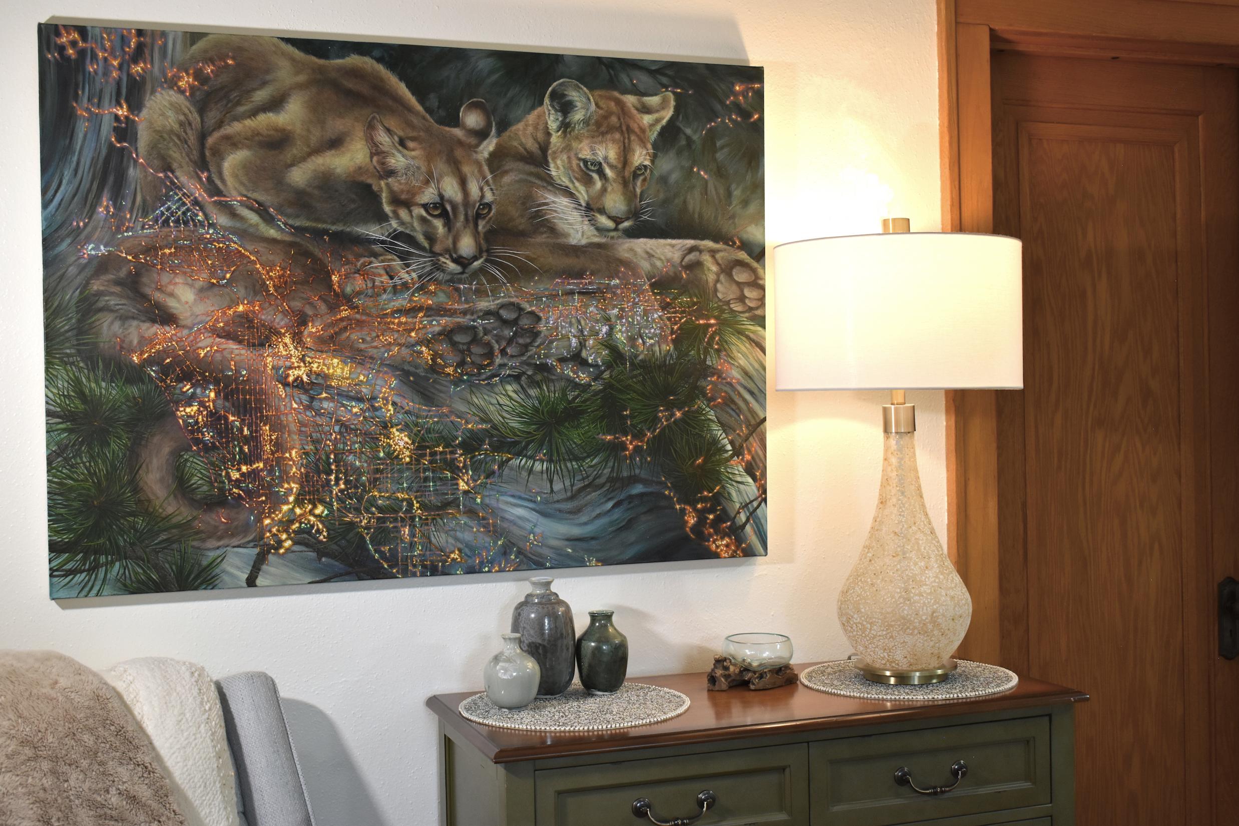 Mountain Lions of LA, Nature Inspired Painting, Animal, Trees, Gray, Green, Gold For Sale 1