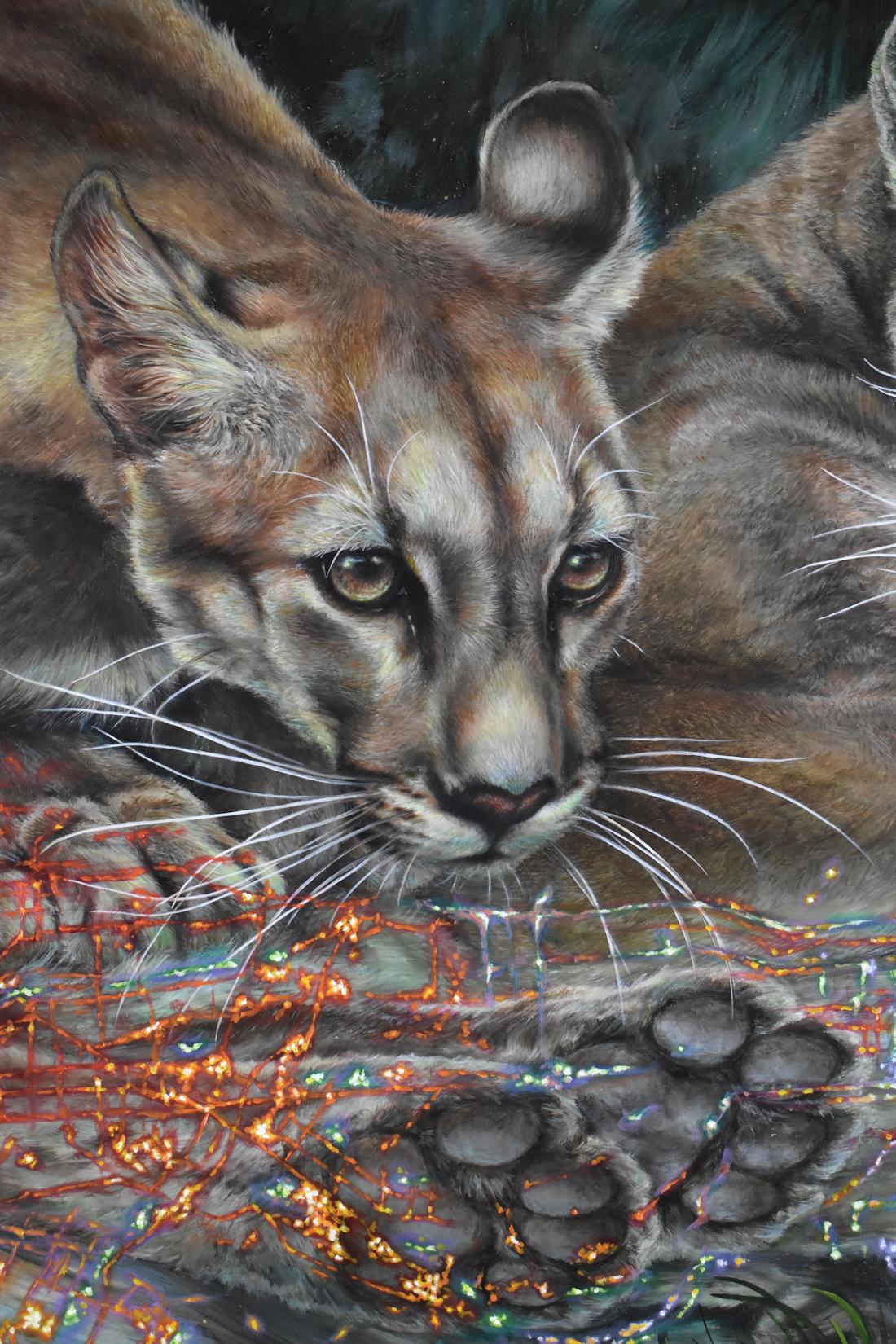 Mountain Lions of LA, Nature Inspired Painting, Animal, Trees, Gray, Green, Gold For Sale 5