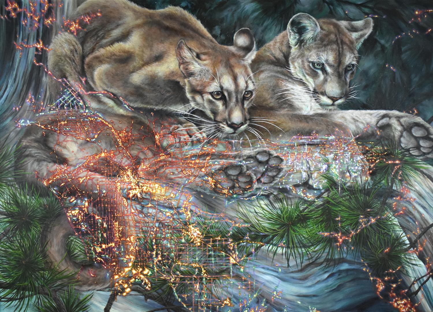 Francine Fox Animal Painting - Mountain Lions of LA, Nature Inspired Painting, Animal, Trees, Gray, Green, Gold
