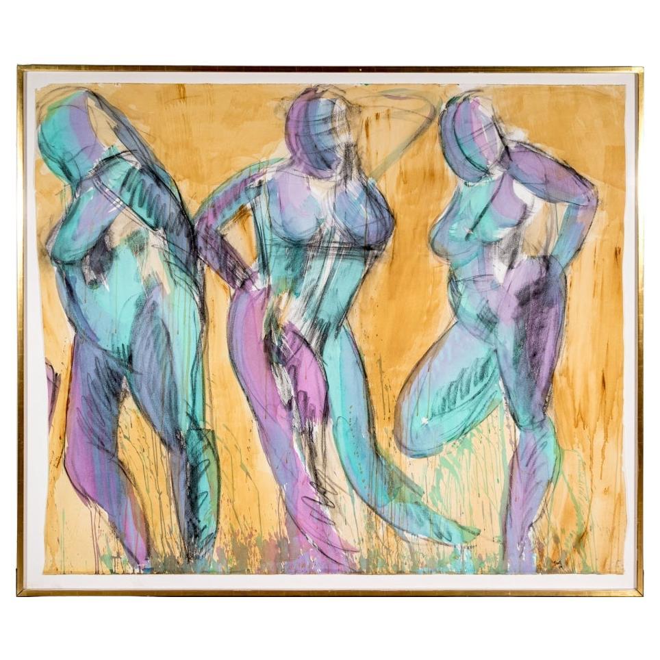 Francine Tint (Am. B. 1943) Large Figural Painting Titled "3 Sisters" 1990