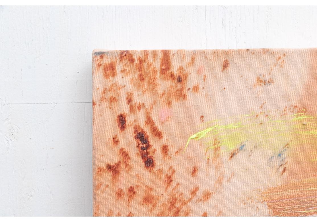 A large abstract canvas with broad swaths of peach tones with yellow, blue and pink and black outlines. Unsigned.
Titled 