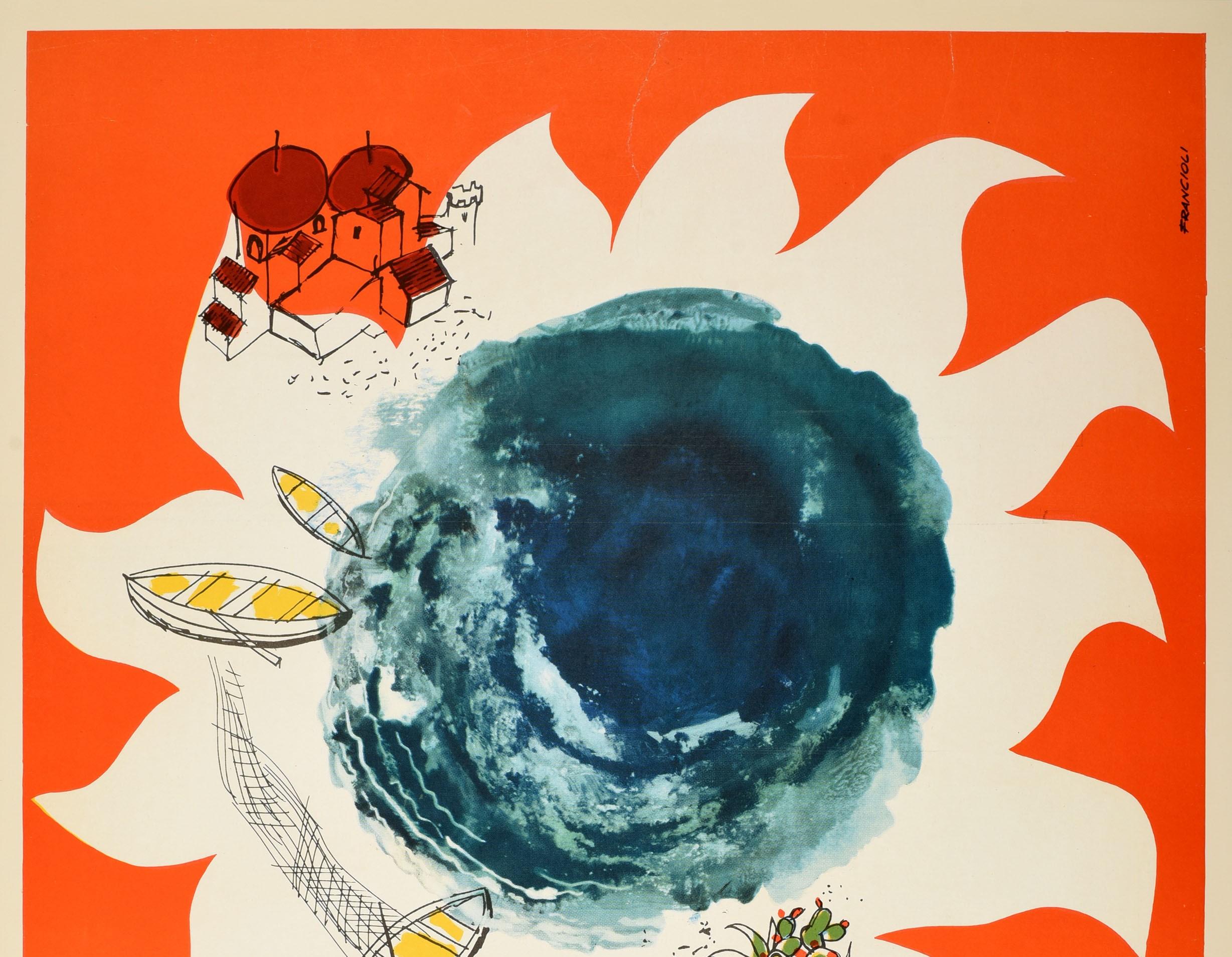 Original Vintage Travel Poster Sicilia Sicily Sun Earth Light Sky Fishing Boats - Print de Francioli