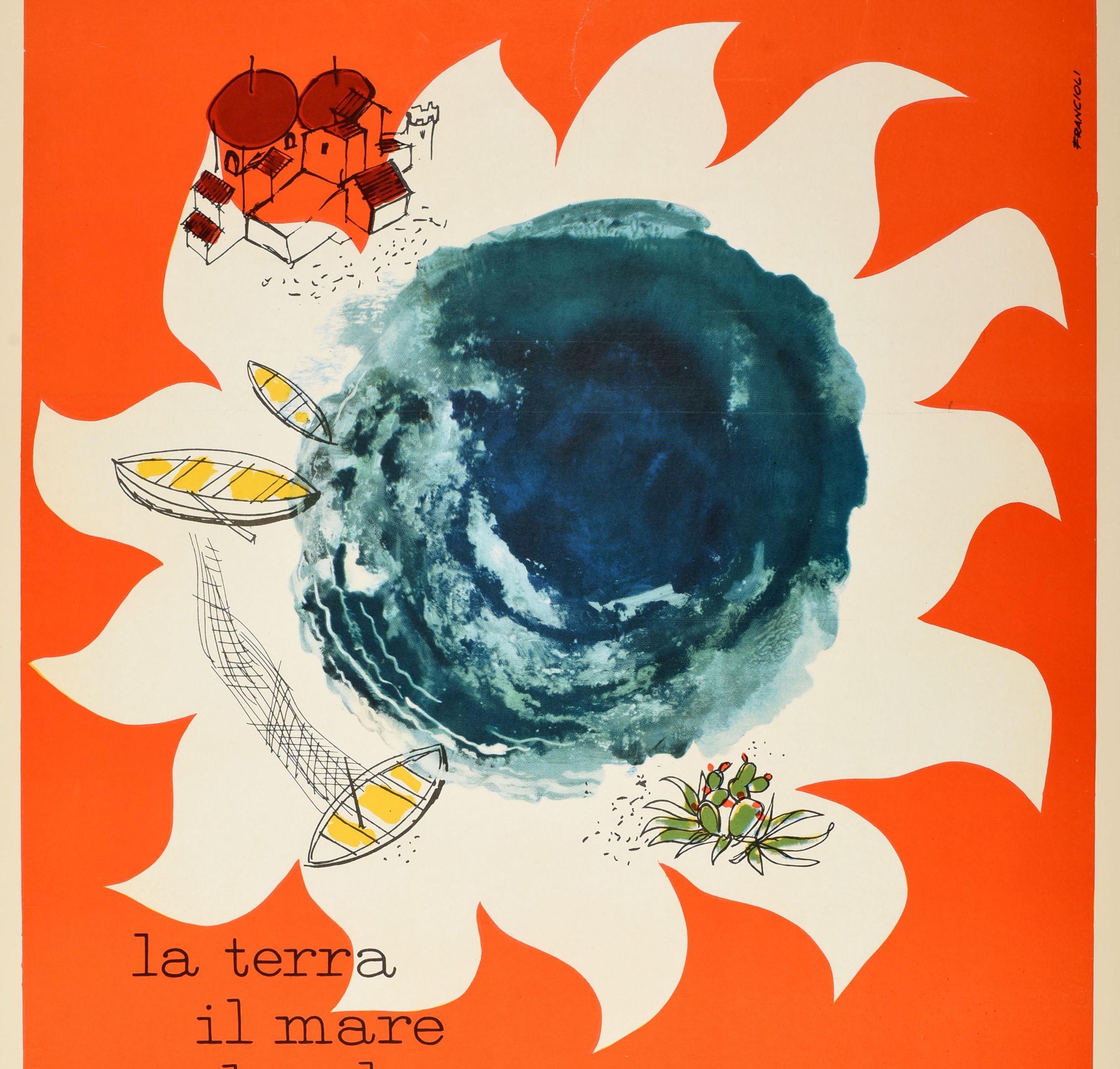 Original vintage Italy travel poster - the earth the sea the sky the light give you the desire to live in Sicily / la terra il mare il cielo la luce vi danno in Sicilia il desiderio di vivere - featuring the stylised text below an image of wooden