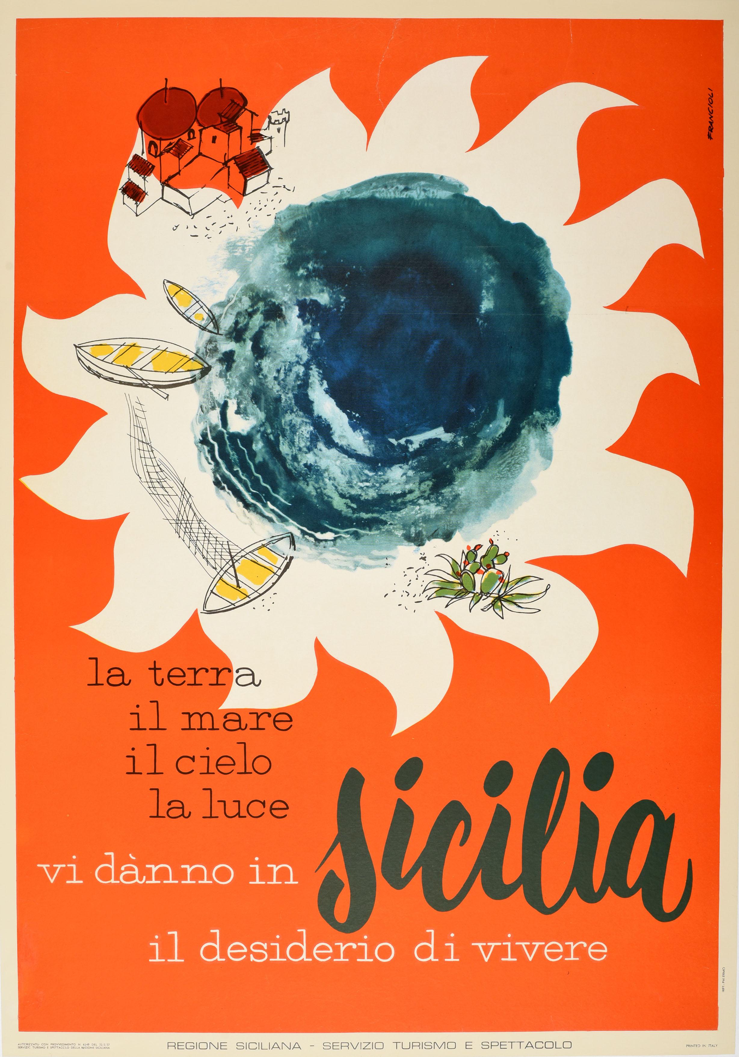 Francioli Print - Original Vintage Travel Poster Sicilia Sicily Sun Earth Light Sky Fishing Boats