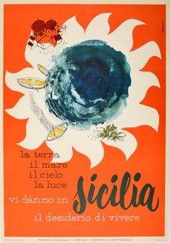 Original Vintage-Reiseplakat Sicilia Sizilien, Sonne, Erde, Licht, Himmel, Fischenboote