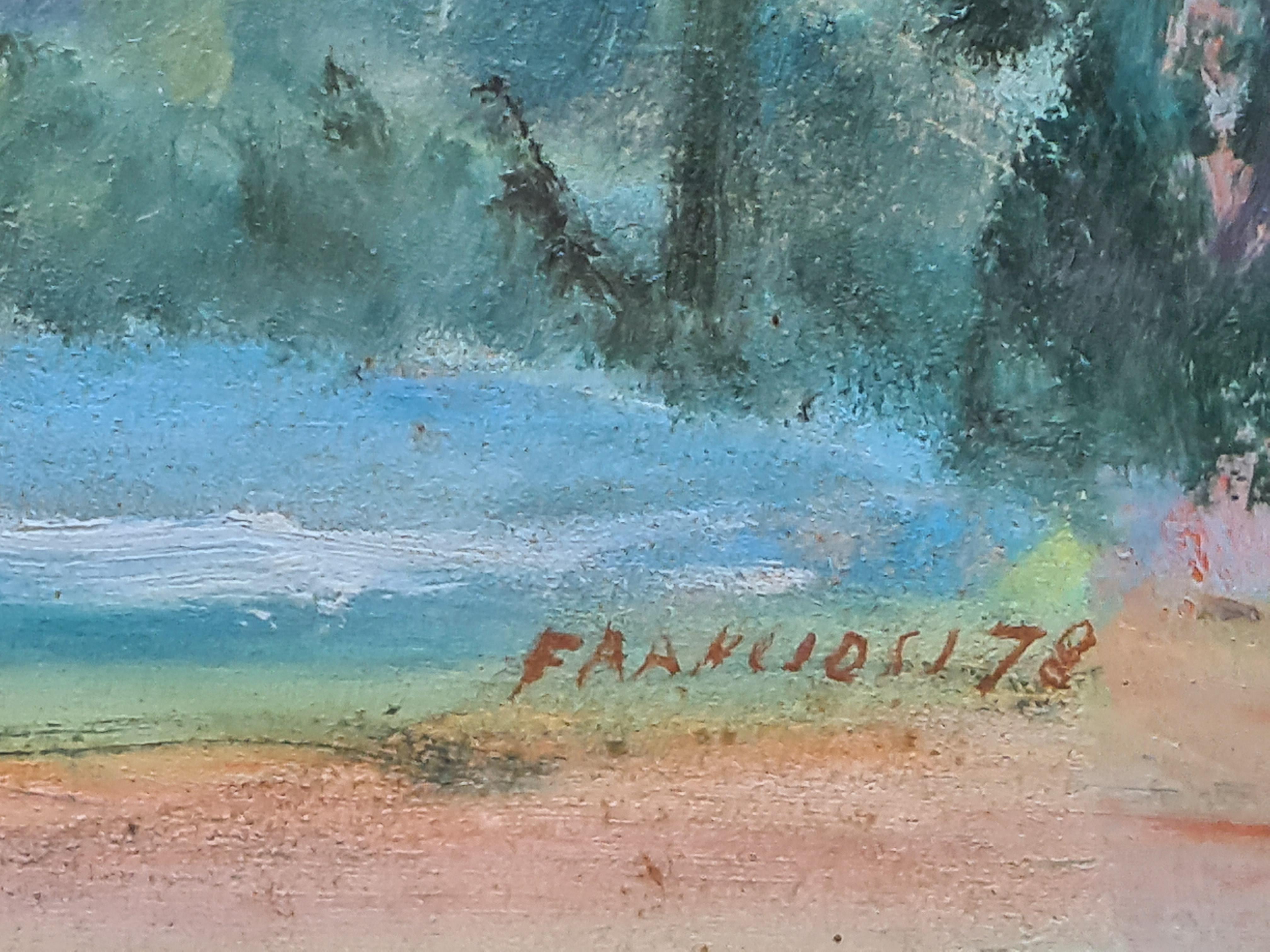 Impressionist painting of a lake and the surrounding landscape by Franciosi. Signed and dated bottom right. Presented in patinated and giltwood frame with card mount under glass.

A charming and atmospheric Impressionist view of a lake and the