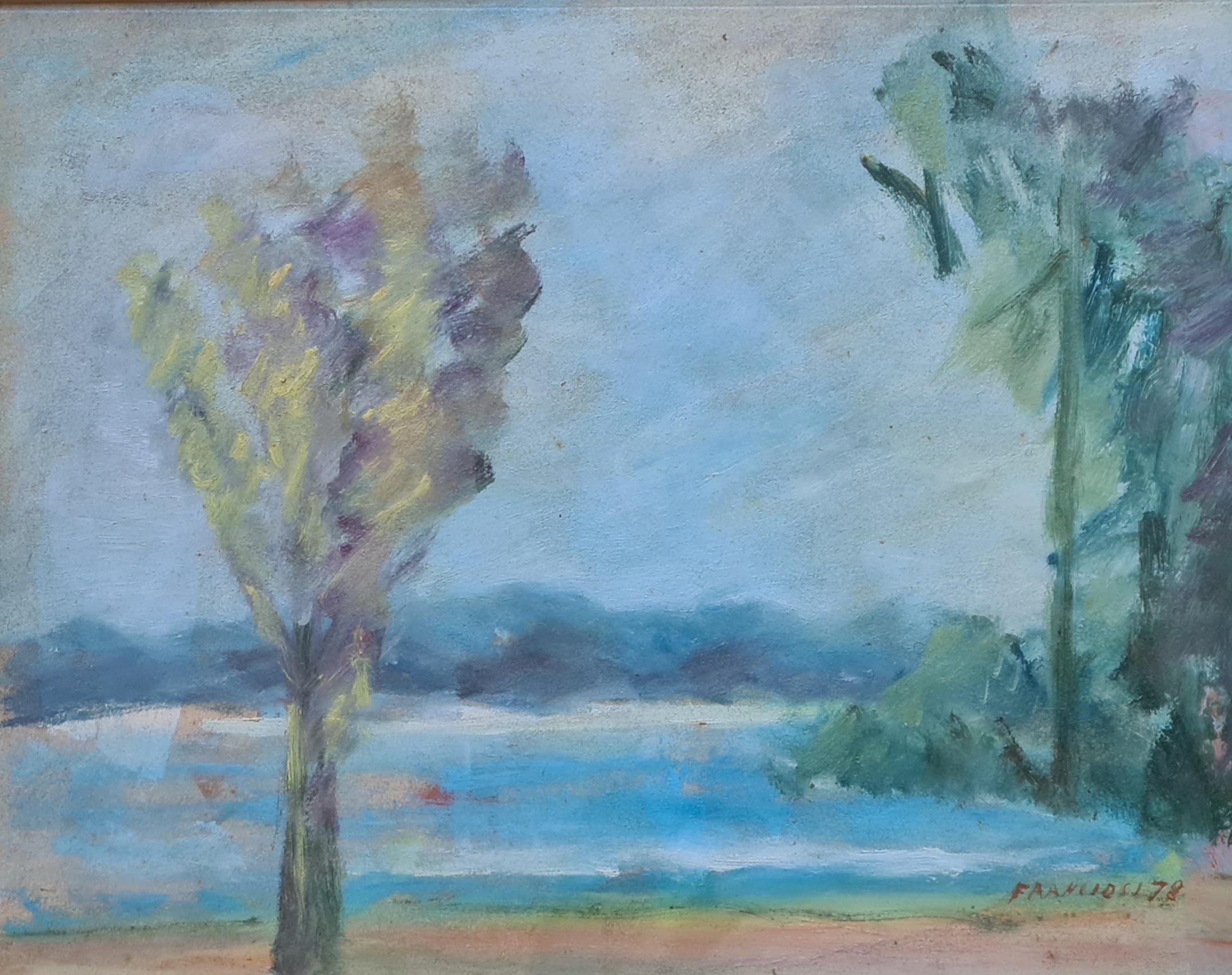 Franciosi Landscape Painting - Impressionist Lakeside River Scene