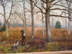 19th century English Autumn landscape, man, his dog in a woodland landscape