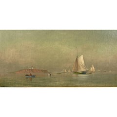 "Montauk Point Lighthouse" Antique 19th Century Academic Oil Painting on Canvas