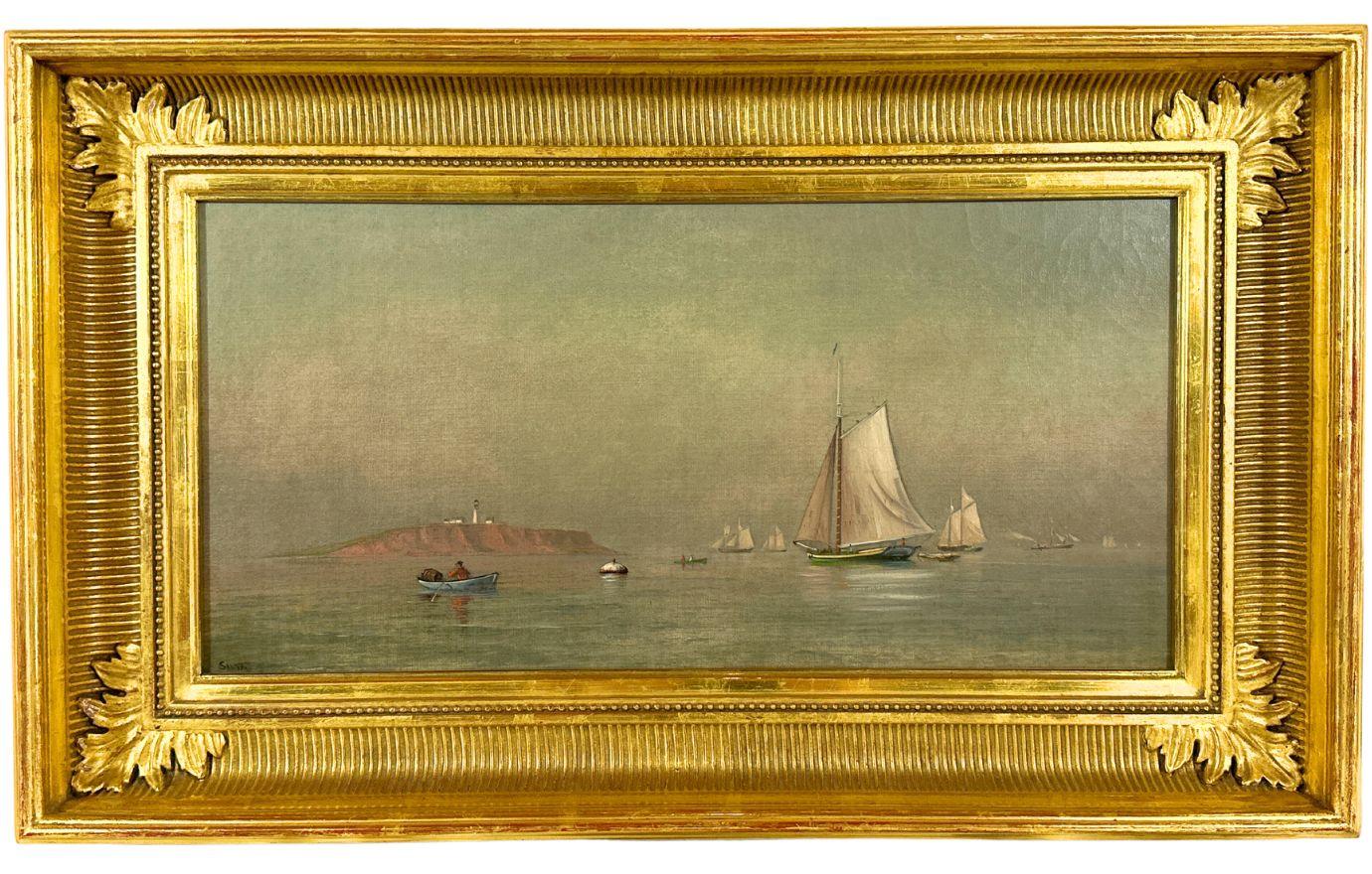 Landscape Painting Francis Augustus Silva - "Montauk Point Lighthouse" Peinture à l'huile académique ancienne du 19ème siècle sur toile 