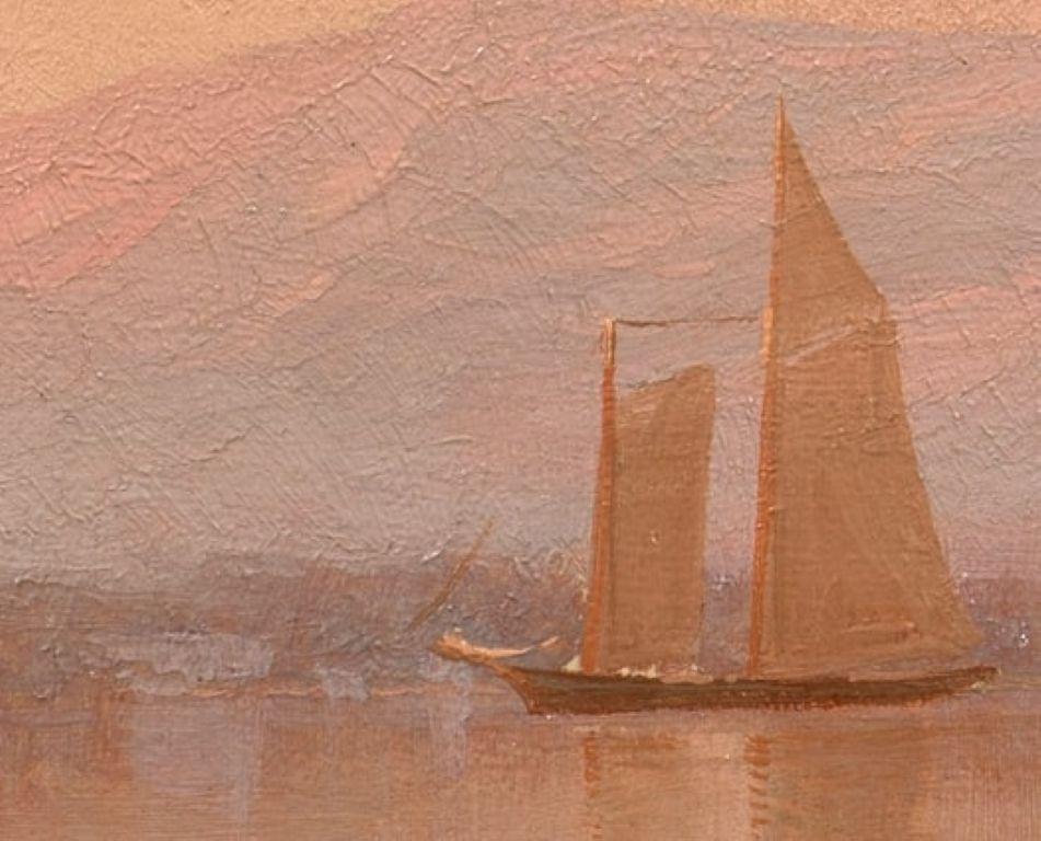 Blick auf den Hudson, die Catskills in der Ferne (Beige), Landscape Painting, von Francis Augustus Silva