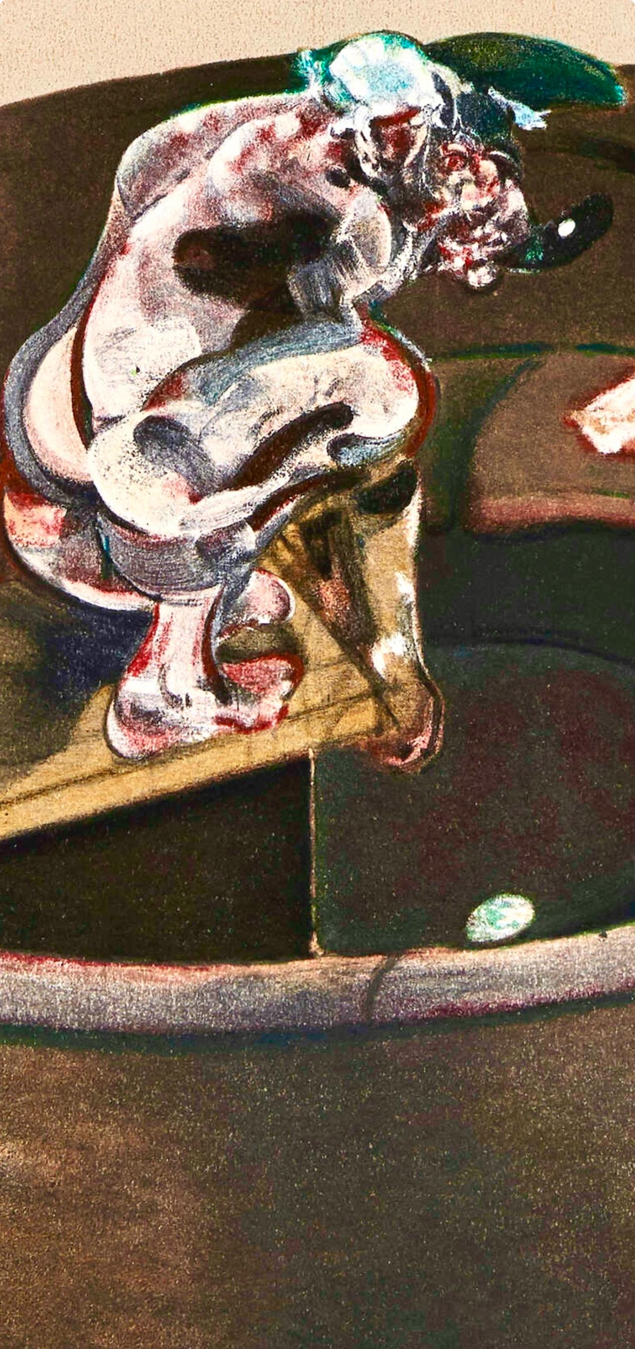 Bacon, Retrato de George Dyer agachado, Derrière le miroir (después de) - Figurative Print Beige de Francis Bacon