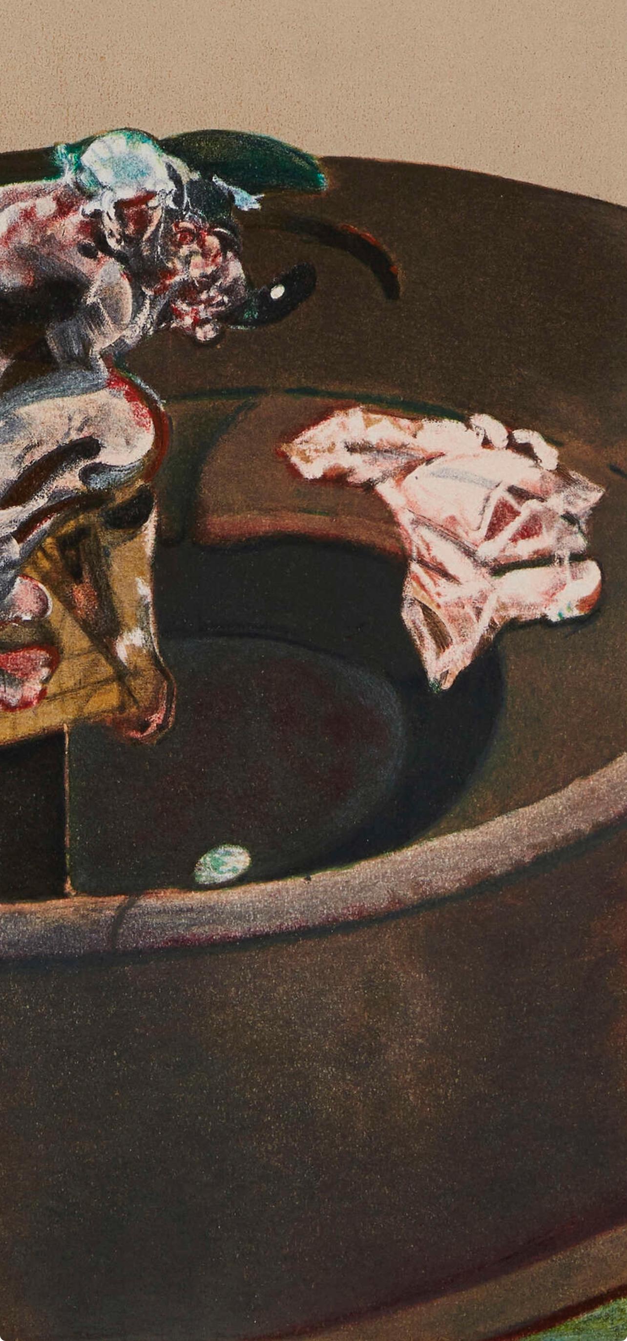 Bacon, Retrato de George Dyer agachado, Derrière le miroir (después de) - Figurative Print Beige de Francis Bacon