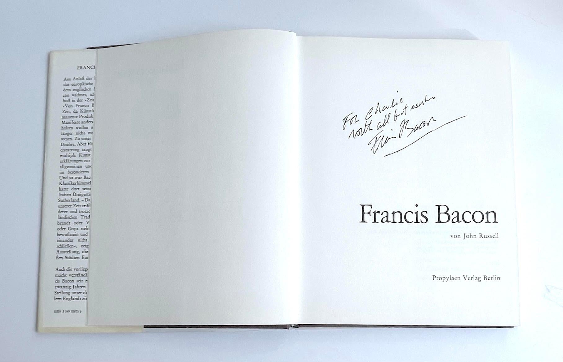 Highly collectible and coveted item:
Francis Bacon von [with] John Russell (Monograph, hand signed and inscribed twice by Francis Bacon), 1972
Hardback monograph with dust jacket (hand signed and inscribed in ink twice)
Hand signed and inscribed by