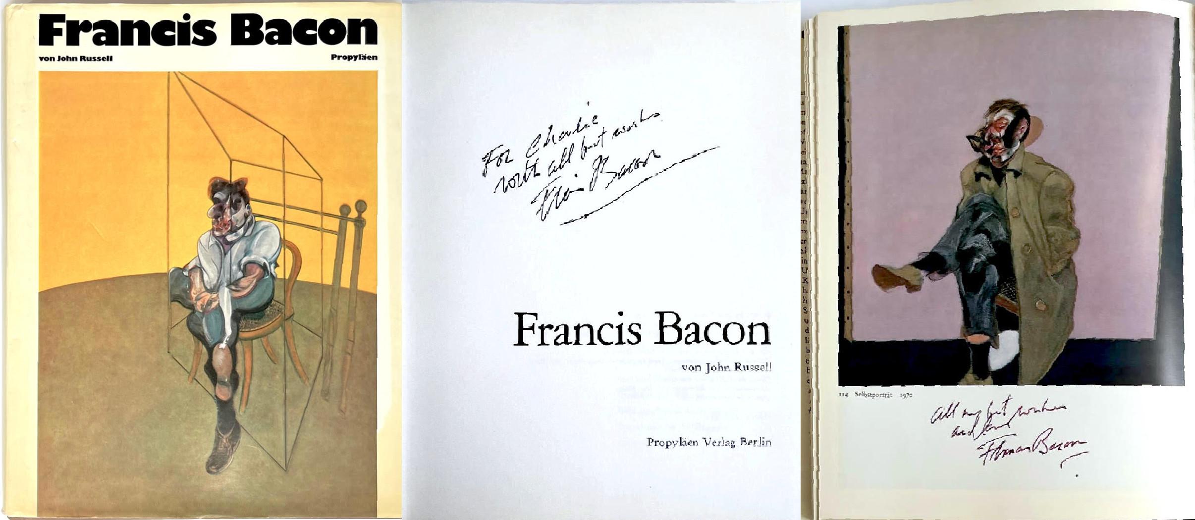 Äußerst begehrtes Sammlerstück:
Francis Bacon von [mit] John Russell (Monographie, von Francis Bacon zweimal handsigniert und beschriftet), 1972
Gebundene Monographie mit Schutzumschlag (handsigniert und zweimal mit Tinte beschriftet)
Handsigniert