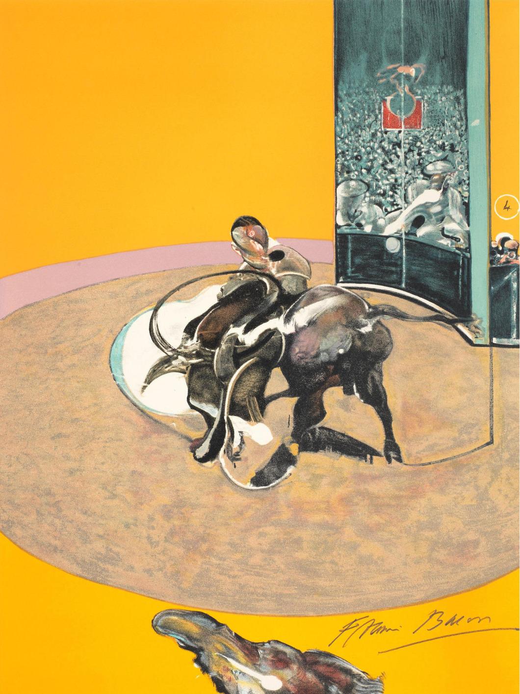 FRANCIS BACON
Miroir de la Tauromachie, 1990 

Triptych comprising three lithographs in colours, on Arches wove paper
Each lithograph signed in pencil
From the edition of 150
Published by Galerie Lelong, Paris
Each sheet: 48.0 x 36.0 cm (18.9 x 14.1