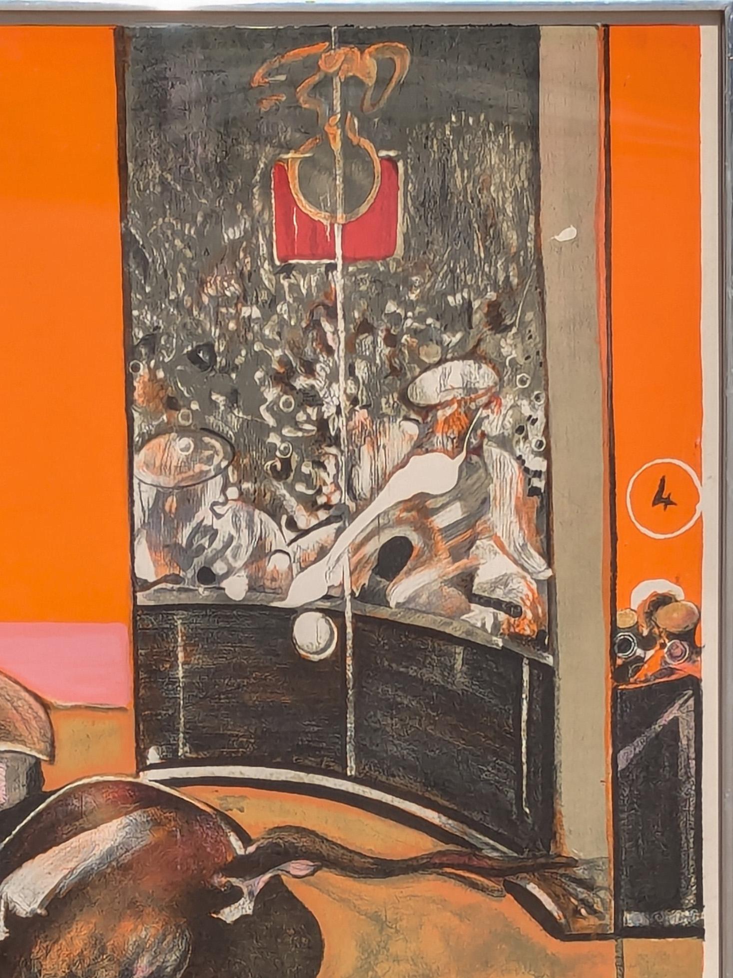 Modern expressionist exhibition poster from Francis Bacon's iconic 1971-1972 retrospective at the Grand Palais in Paris, France. At this time, Bacon was among the rare living artists to have been granted such an honor. Fascinated by the unfiltered