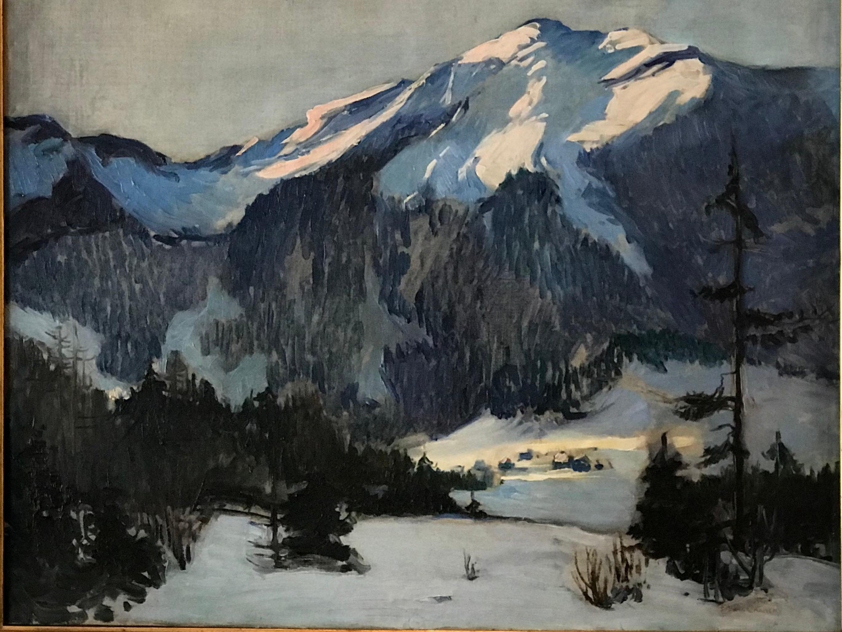 Florence Ballin Cramer (1884-1962) Woodstock, NY after 1922
Here, an oil on canvas of a winter scene with snow covered mountains, evergreen trees and a tiny settlement below the mountains. Monumental. Painting signed lower right and dated.