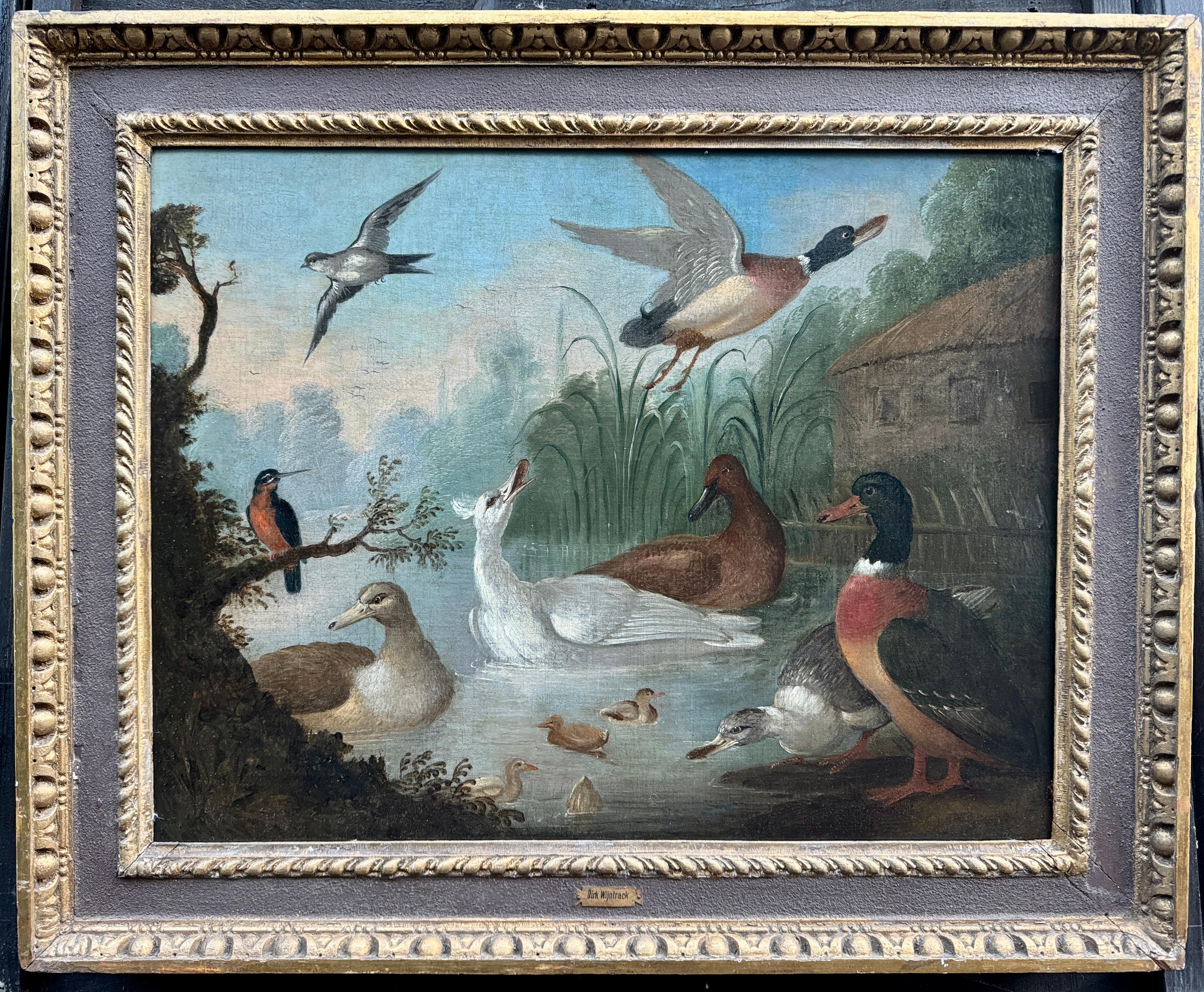 Francis Barlow Animal Painting - 17th century English Birds on a pond and in flight, Ducks, Swans, Kingfisher