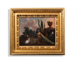 A pair of paintings depicting animals in classical landscapes