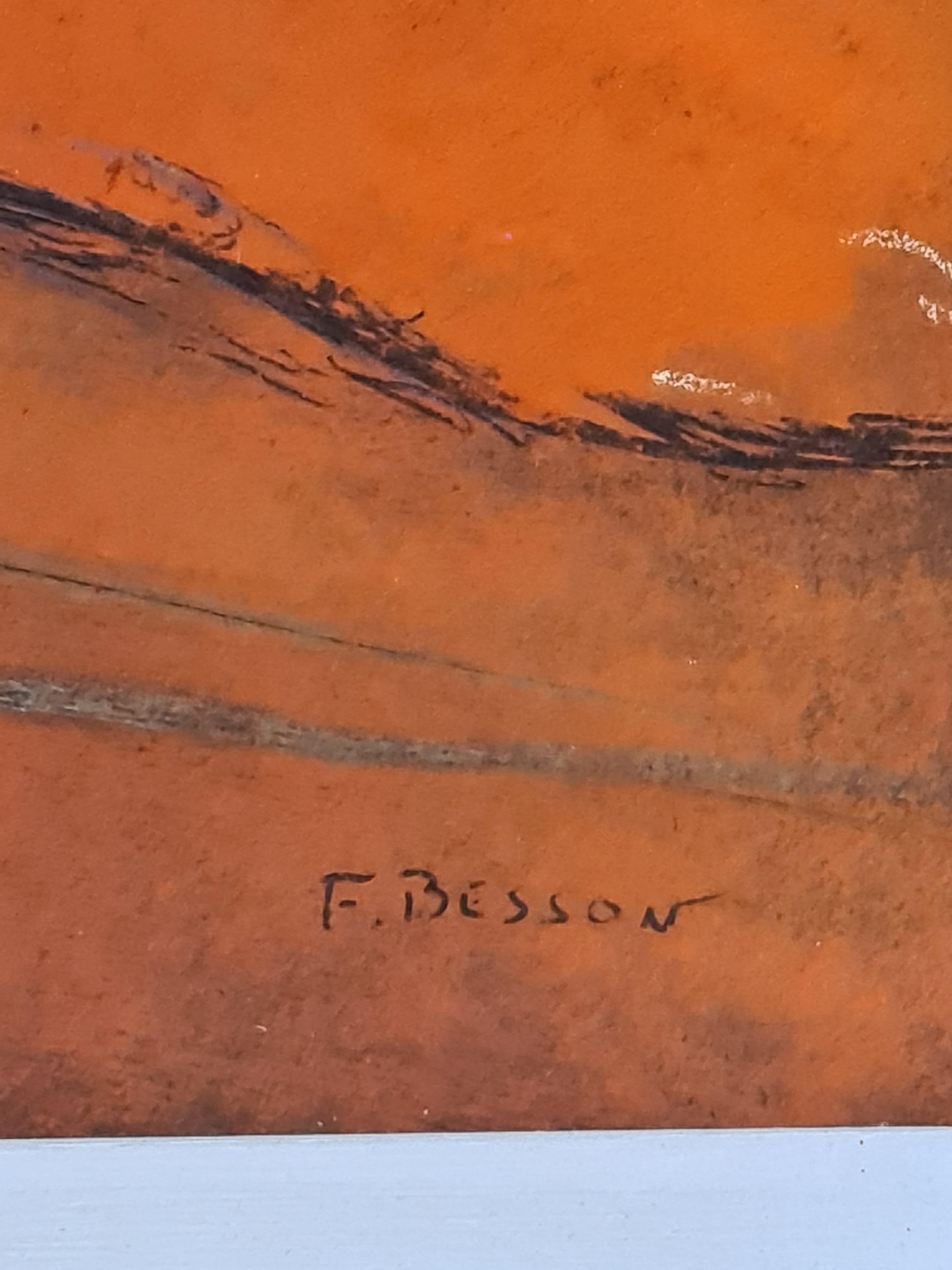 Paysage impressionniste fauve français contemporain, Le Crépuscule. Pastel. - Painting de Francis Besson 