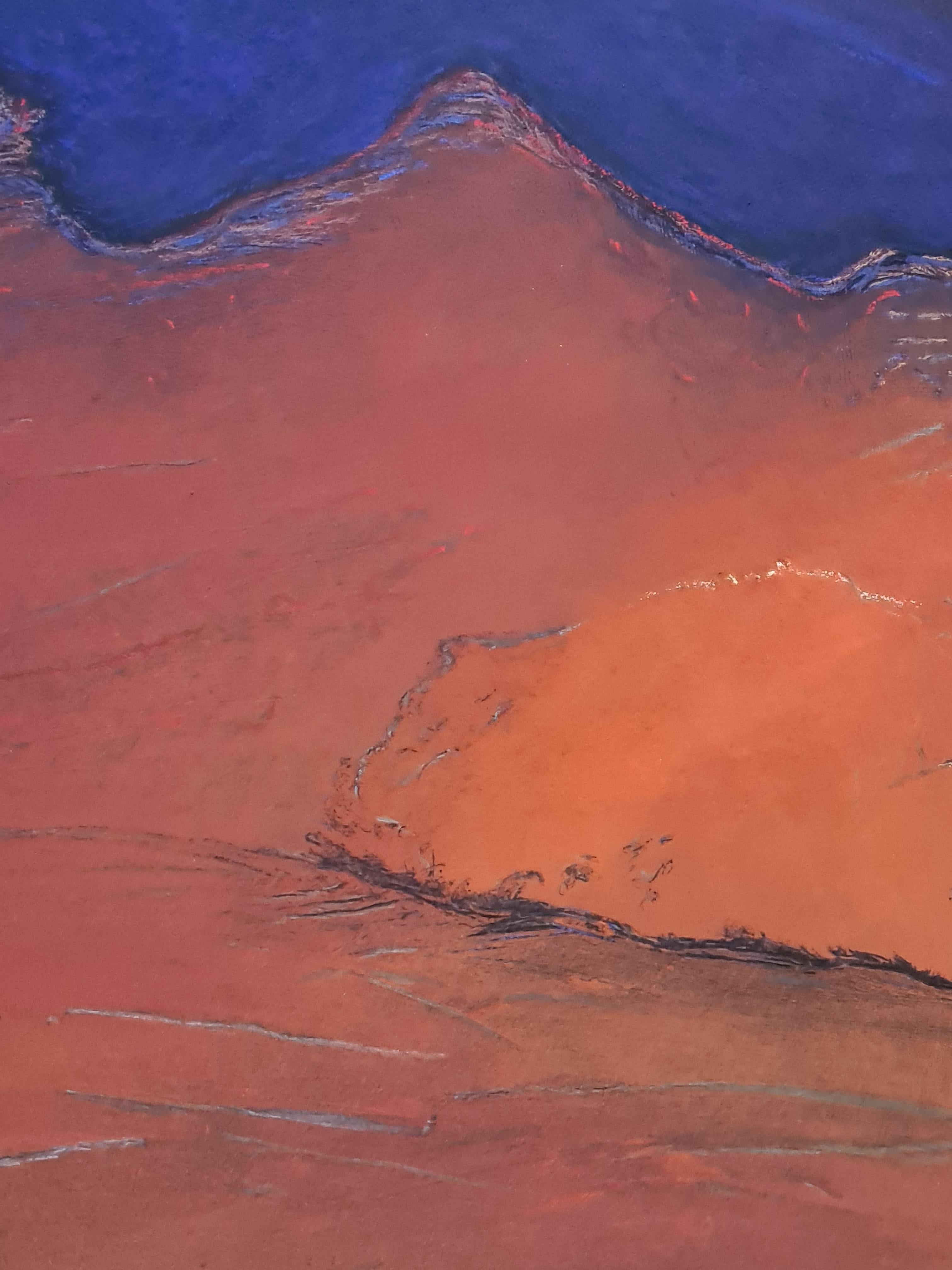 Pastel impressionniste fauve contemporain d'un paysage coloré de l'artiste belge Francis Besson. Signée tout en bas à droite et présentée dans un cadre personnalisé en bois blanc et patiné.

Un magnifique paysage de couleurs rouge, roux, bleu,