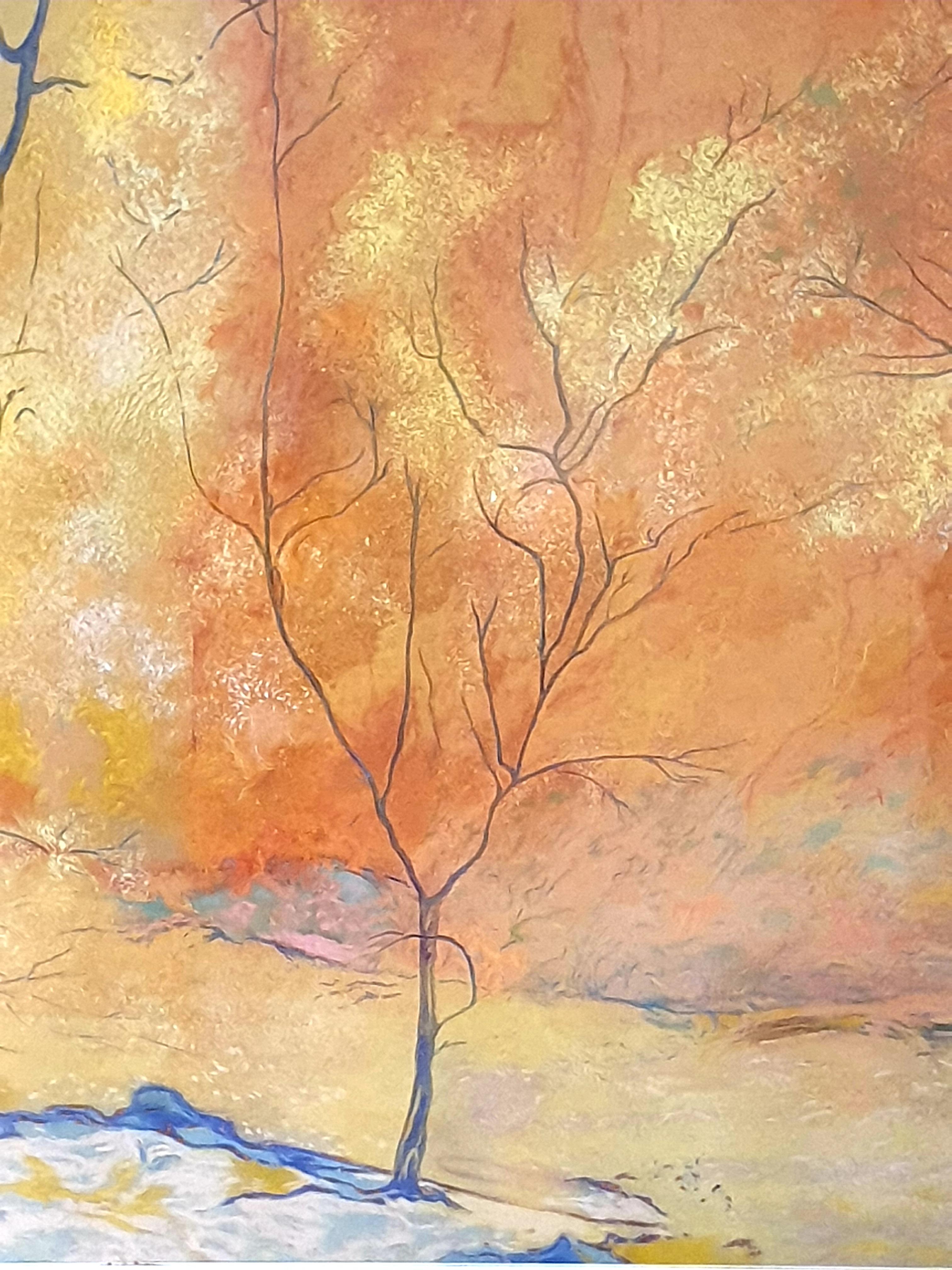 'Forest in the Fall', Contemporary Impressionist Pastel, Homage to Gustave Klimt - Orange Abstract Painting by Francis Besson 