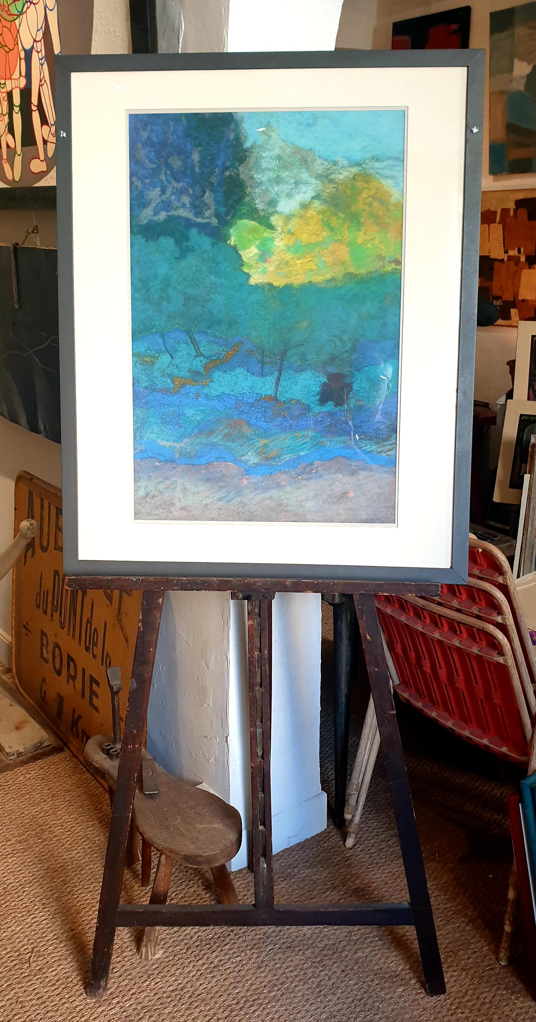 Pastel y acrílico francés surrealista contemporáneo sobre papel, Paisaje provenzal. 12