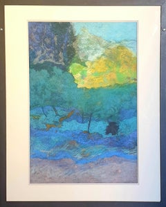 Pastel y acrílico francés surrealista contemporáneo sobre papel, Paisaje provenzal.