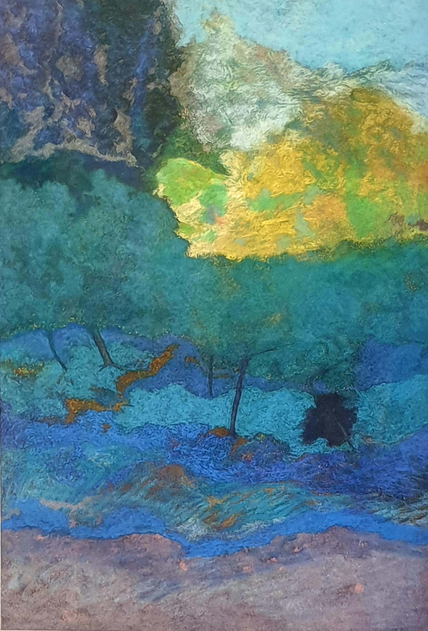 Pastel y acrílico francés surrealista contemporáneo sobre papel, Paisaje provenzal. - Landscape Painting Azul de Francis Besson