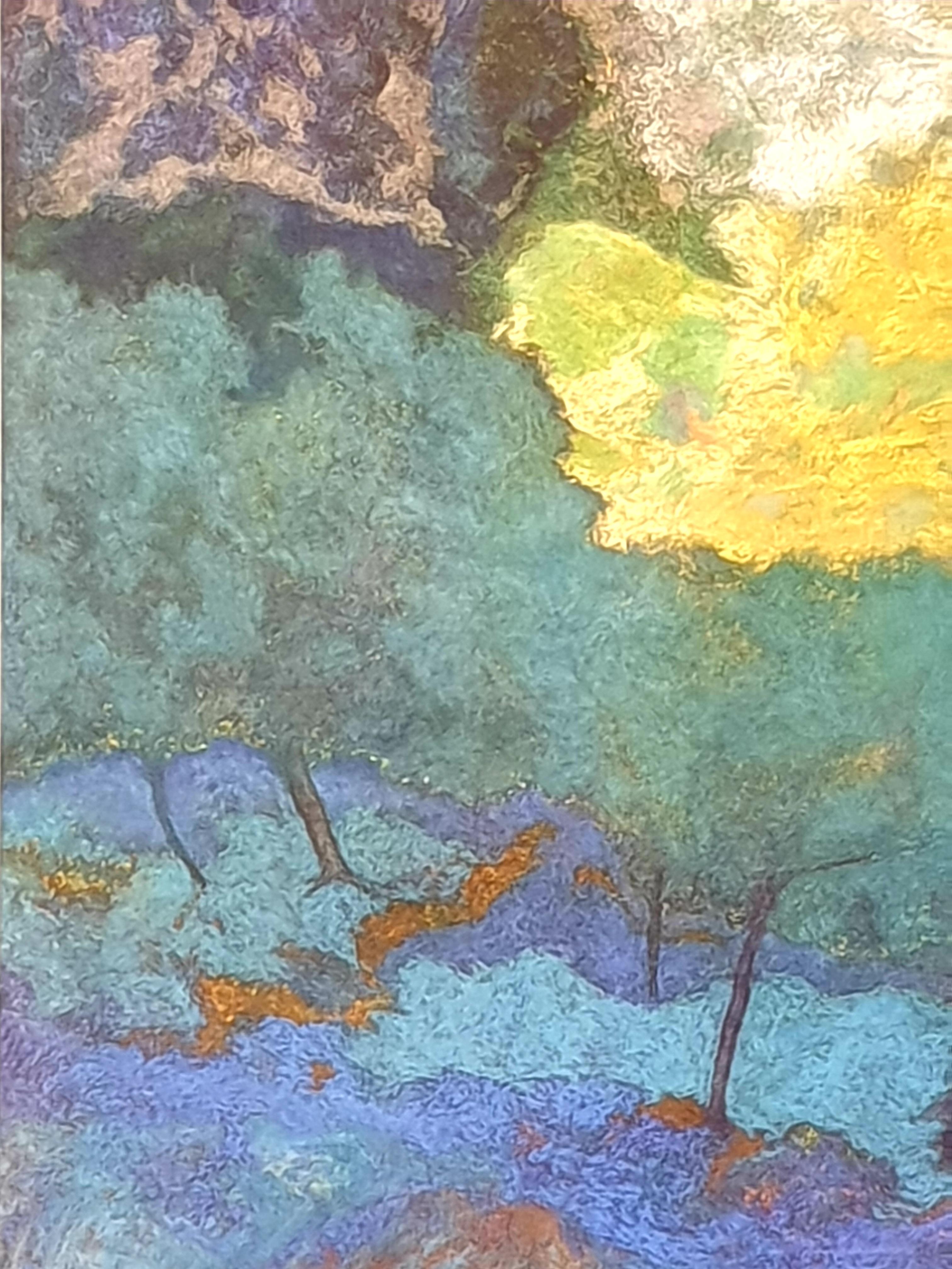Pastel y acrílico francés surrealista contemporáneo sobre papel, Paisaje provenzal. 3