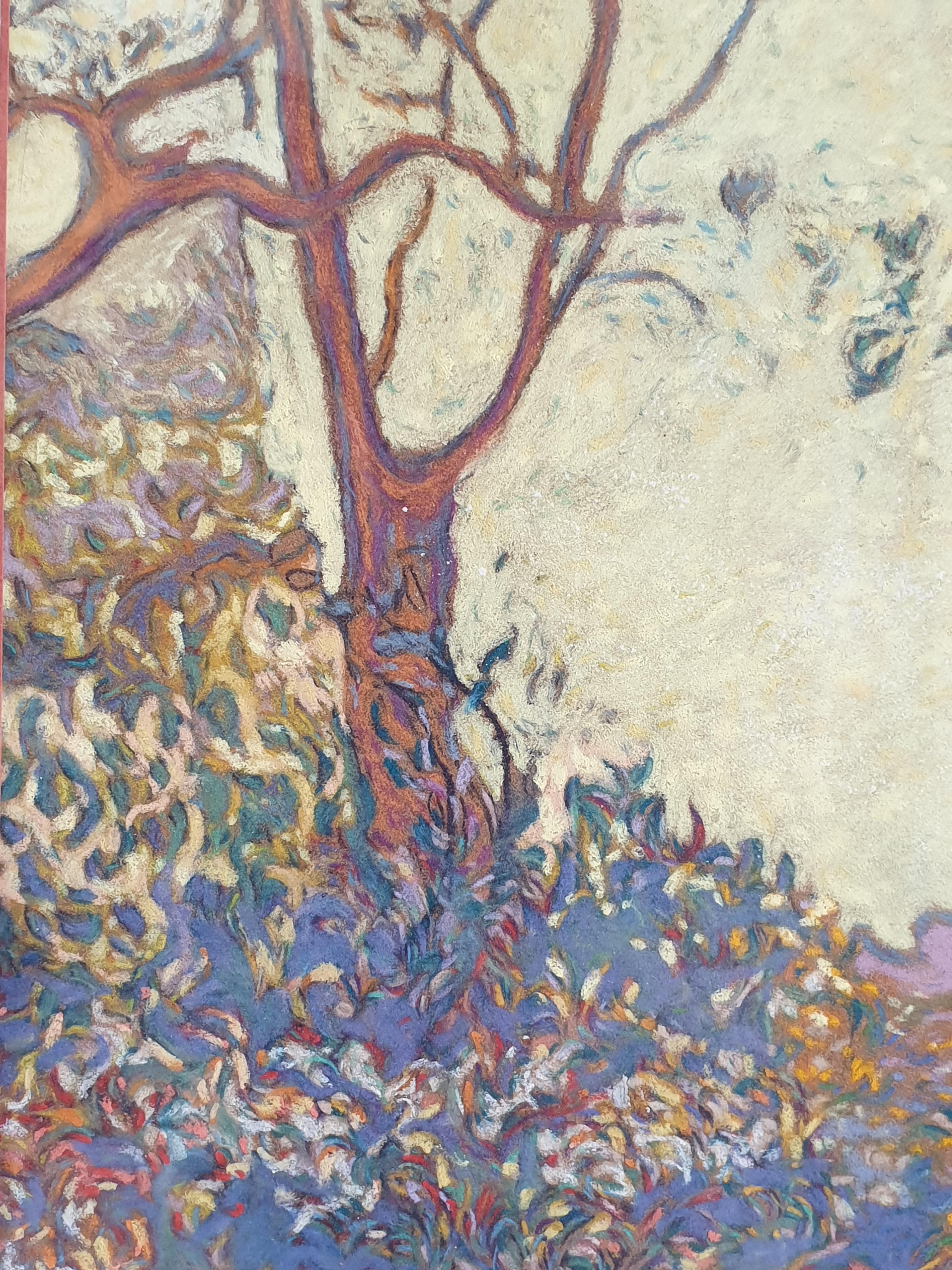 Tecnica mista contemporanea su carta di una scena di foresta in Provenza, Francia, dell'artista belga Francis Besson, firmata in basso a destra. Presentato in una cornice 