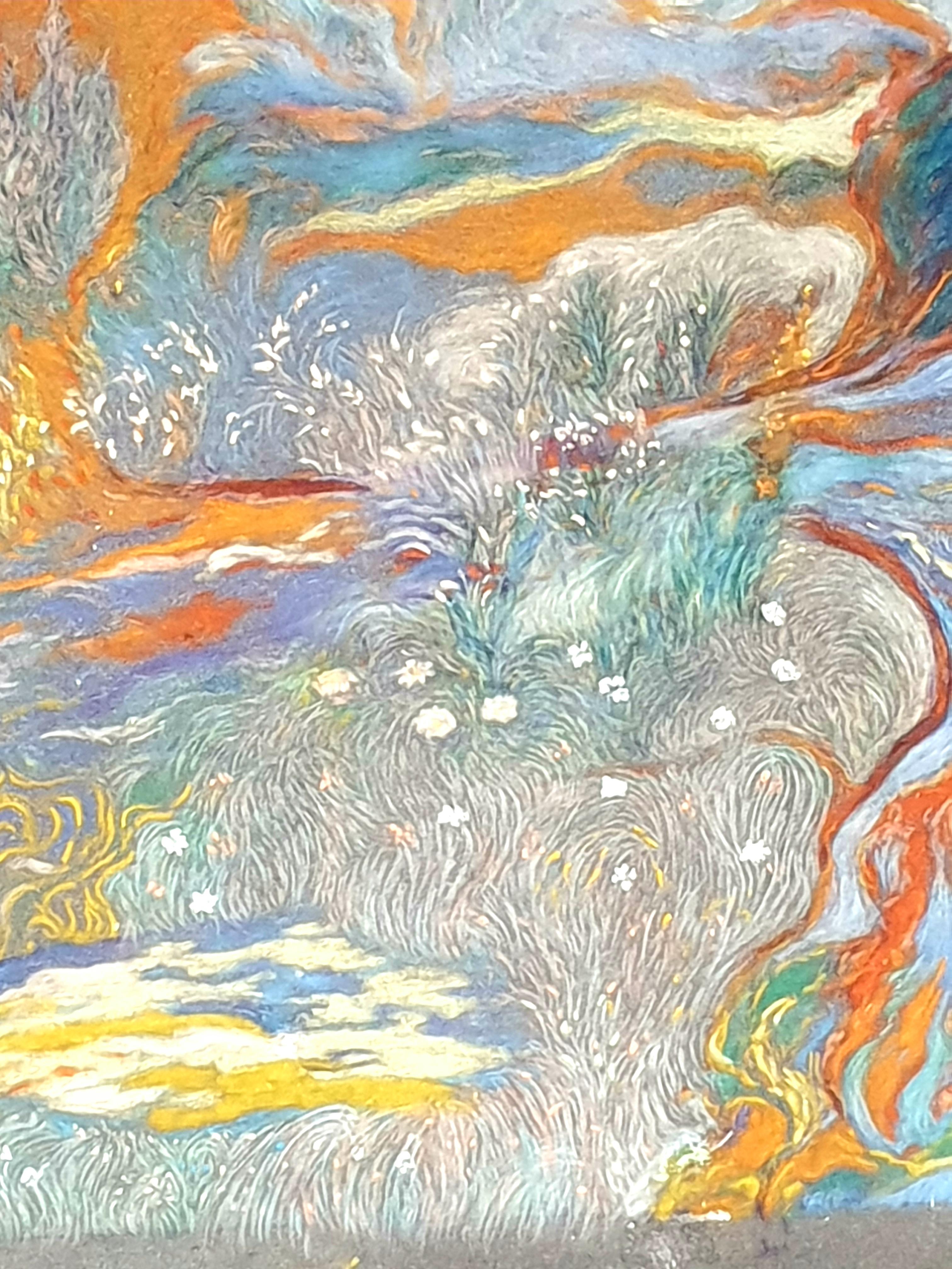 Pastel puntillista impresionista francés. La Garrigue', Provenza. - Abstract Painting Marrón de Francis Besson