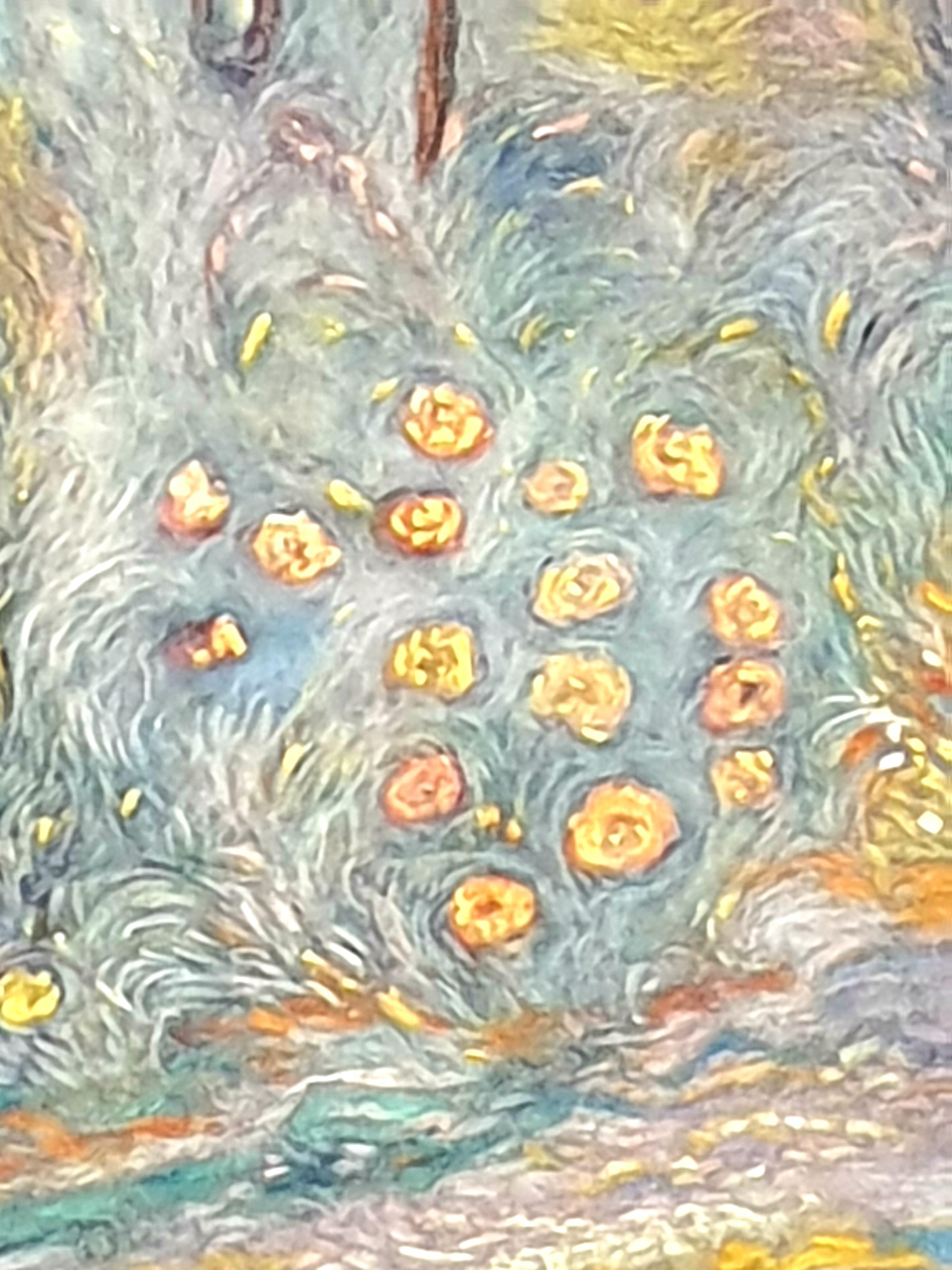 Pastel impresionista contemporáneo de un paisaje provenzal del artista belga Francis Besson. Firmado abajo a la derecha. 

Un torbellino de colores y diseños florales dan forma a este suntuoso cuadro de un paisaje provenzal. El uso del pastel